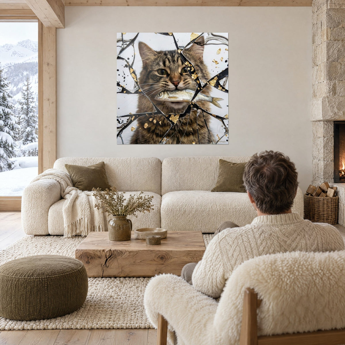 Schilderij tijgerkat met zilverkleurige vis, gebroken spiegel met zwarte en gouden aders, persoon van achteren, boven een bank in een lichte woonkamer