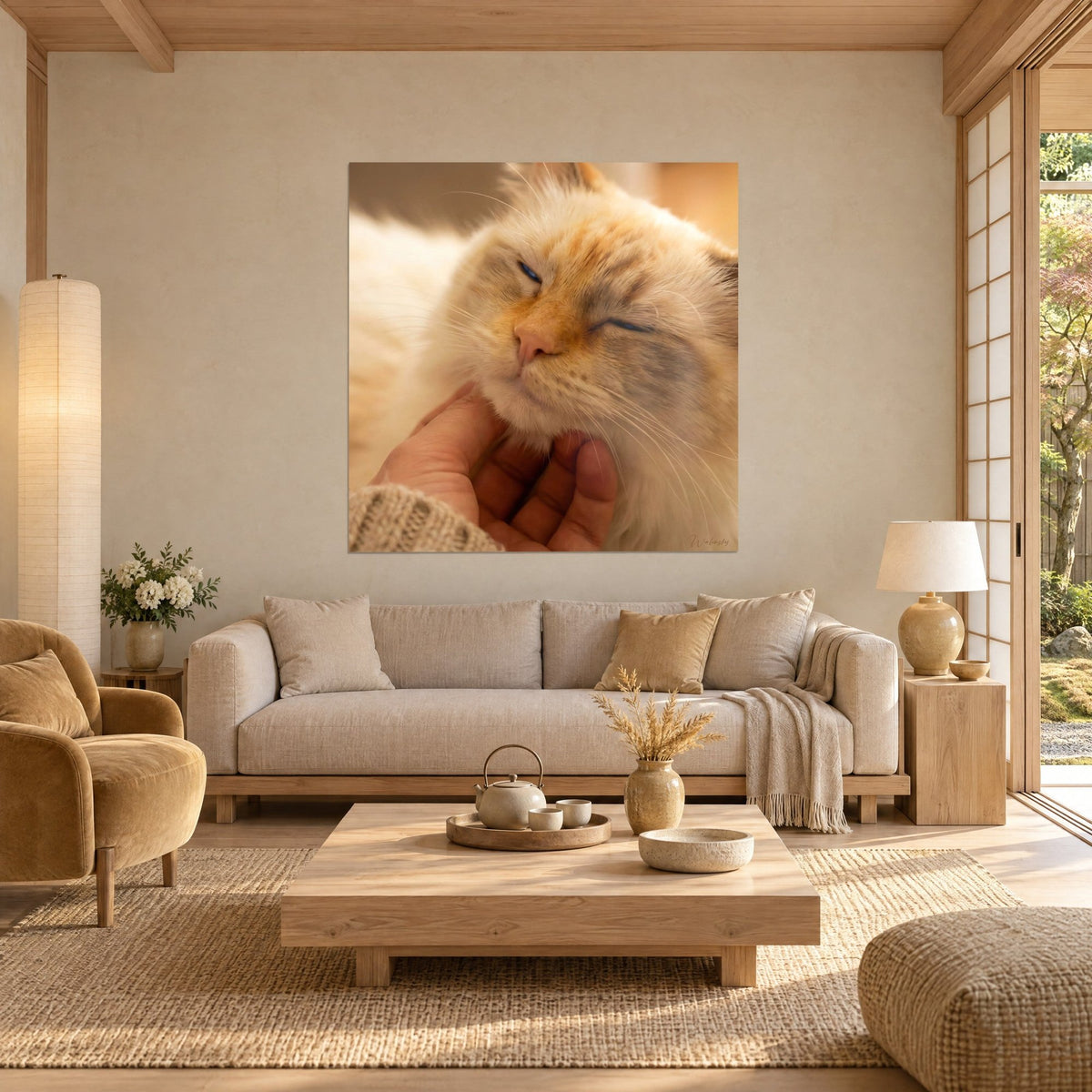 Gemälde Ragdoll-Katze mit halb geschlossenen blauen Augen, rosa Schnauze und cremefarbenem Fell mit orangefarbenen Tönen, über einem Sofa in einem hellen Wohnzimmer