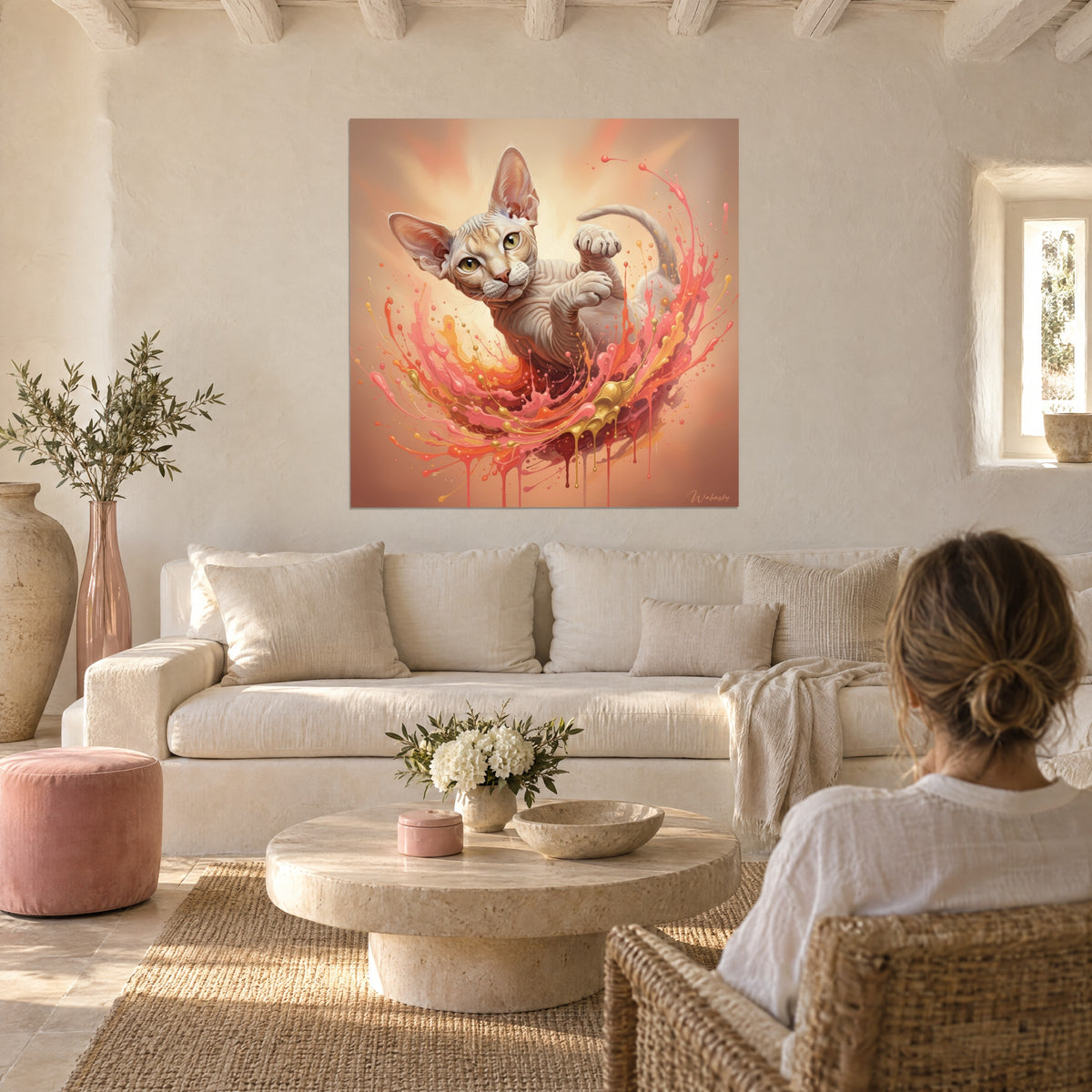 Gemälde Peterbald-Katze nackt mit großen Ohren, rosa und goldene Farbspritzer, zwei Personen von hinten über einem Sofa in einem hellen Wohnzimmer