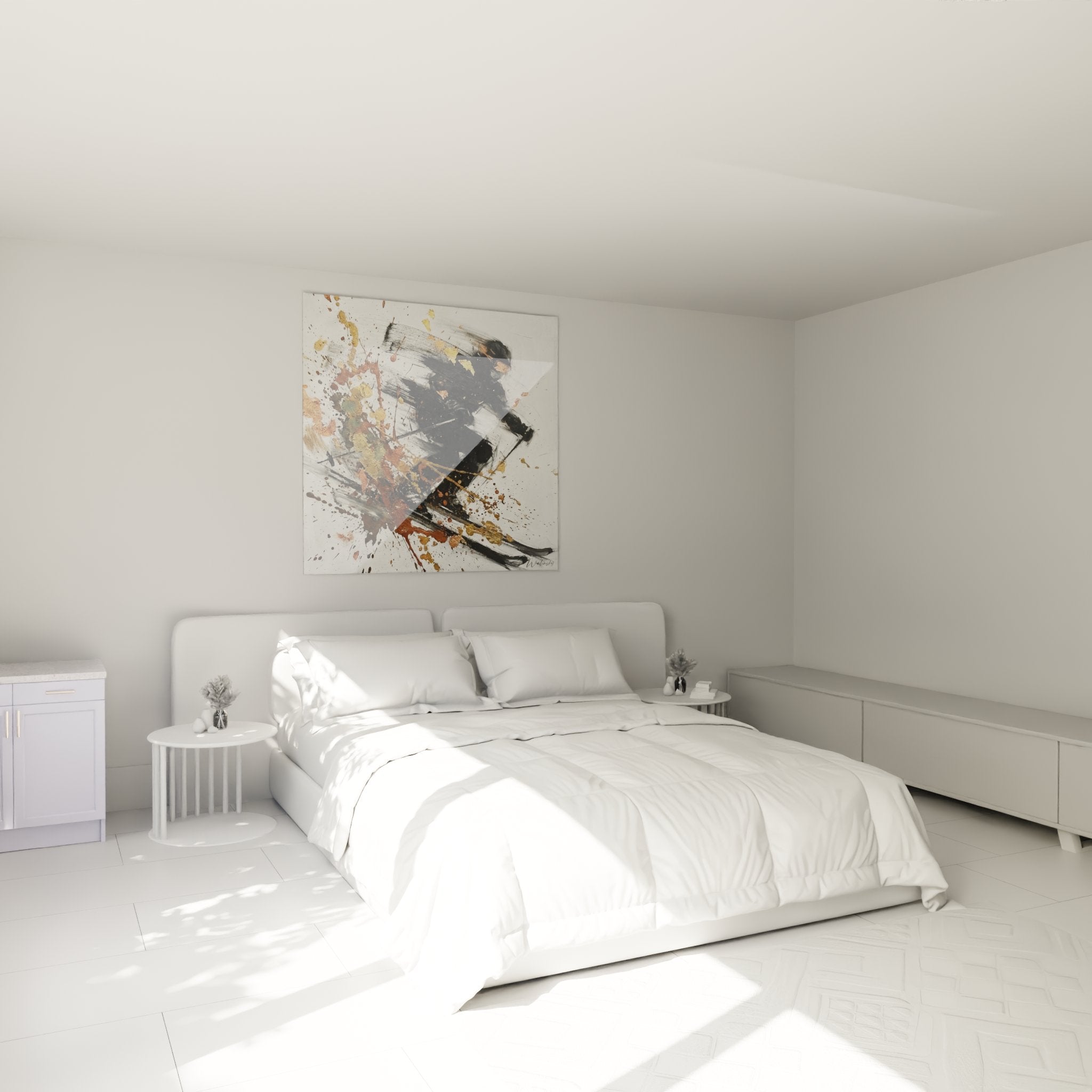 Tableau skieur abstrait accroche dans une chambre moderne avec decoration montagnarde et ski