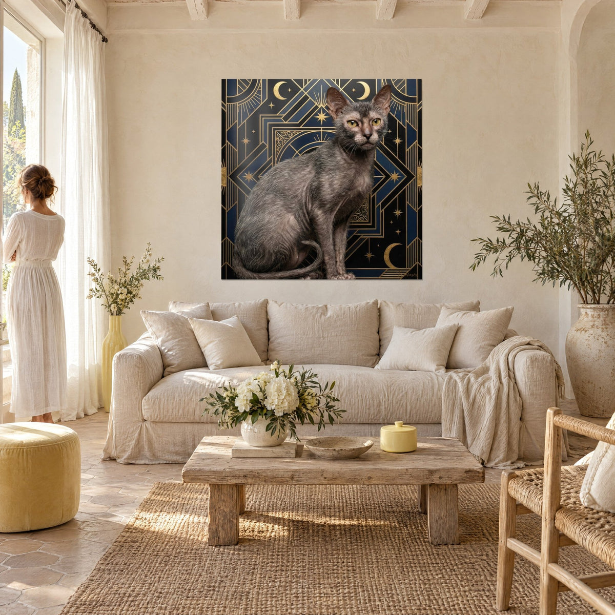 Schilderij Lykoi-kat met zilvergrijze vacht, gouden ogen, art-decoachtergrond in zwart en nachtblauw, boven een bank in een lichte woonkamer