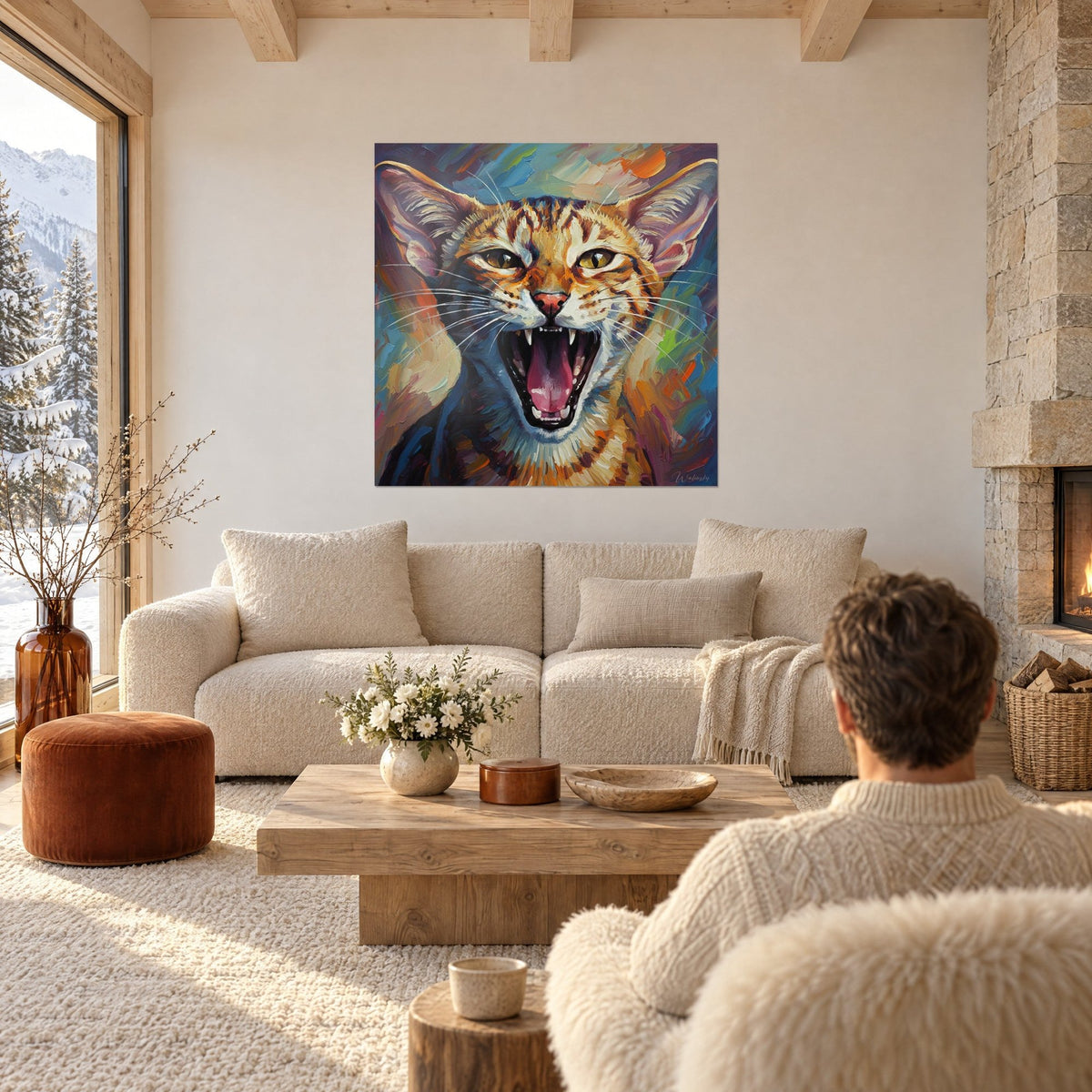 Schilderij van een brullende kat met witte snorharen, oranje vacht en turquoise blauwe achtergrond, boven een bank in een lichte woonkamer