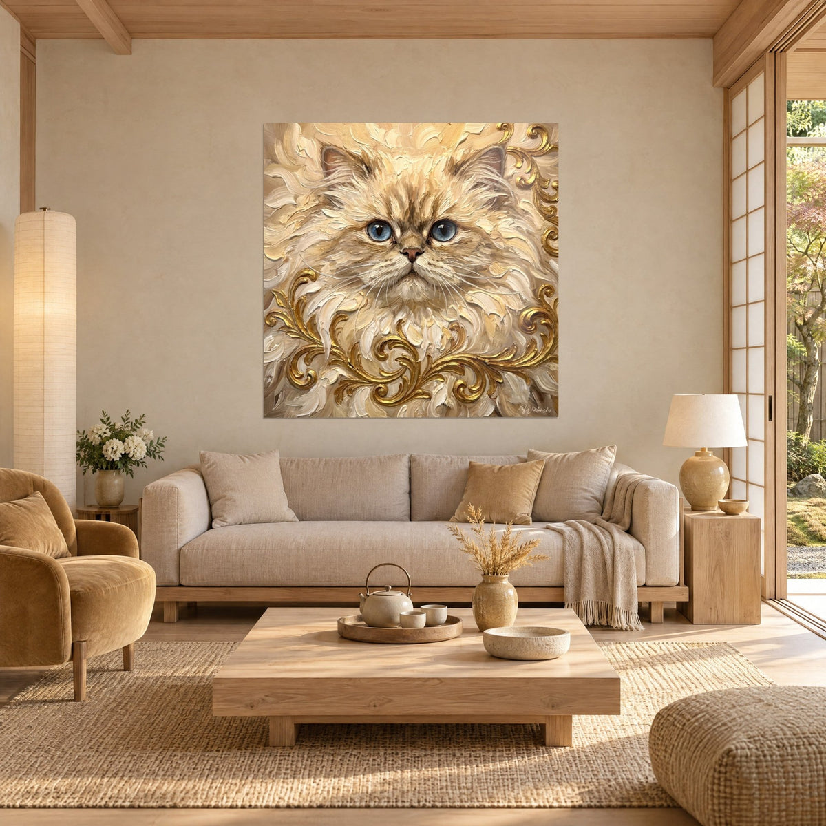Tableau chat persan crème aux yeux bleus, entouré de volutes dorées en relief, au-dessus d'un canapé dans un salon lumineux