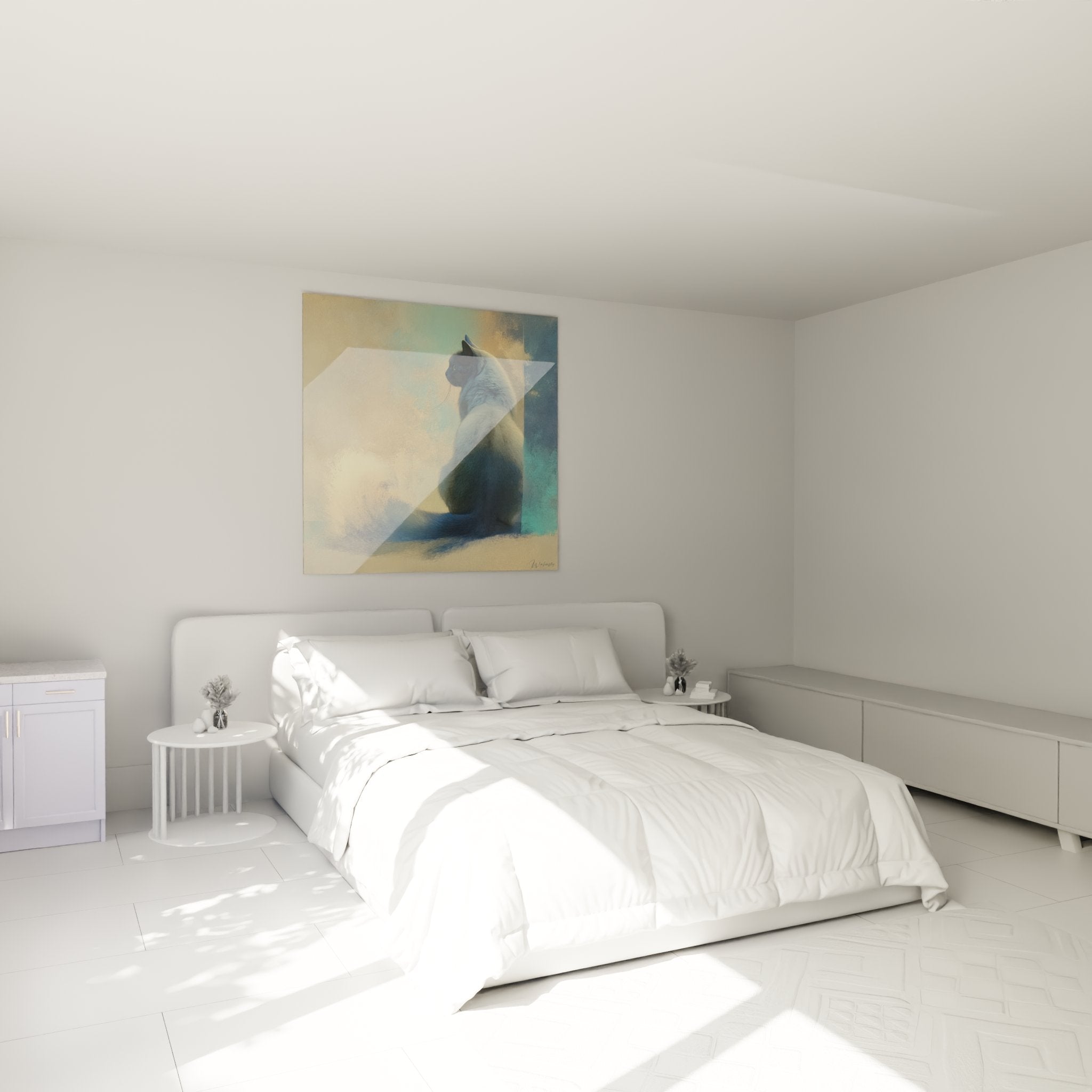 Schlafzimmer Dekoration Gemälde American Bobtail Katze Fenster Pasteltöne Beige Türkis beruhigende Atmosphäre Wandkunst Katzenart