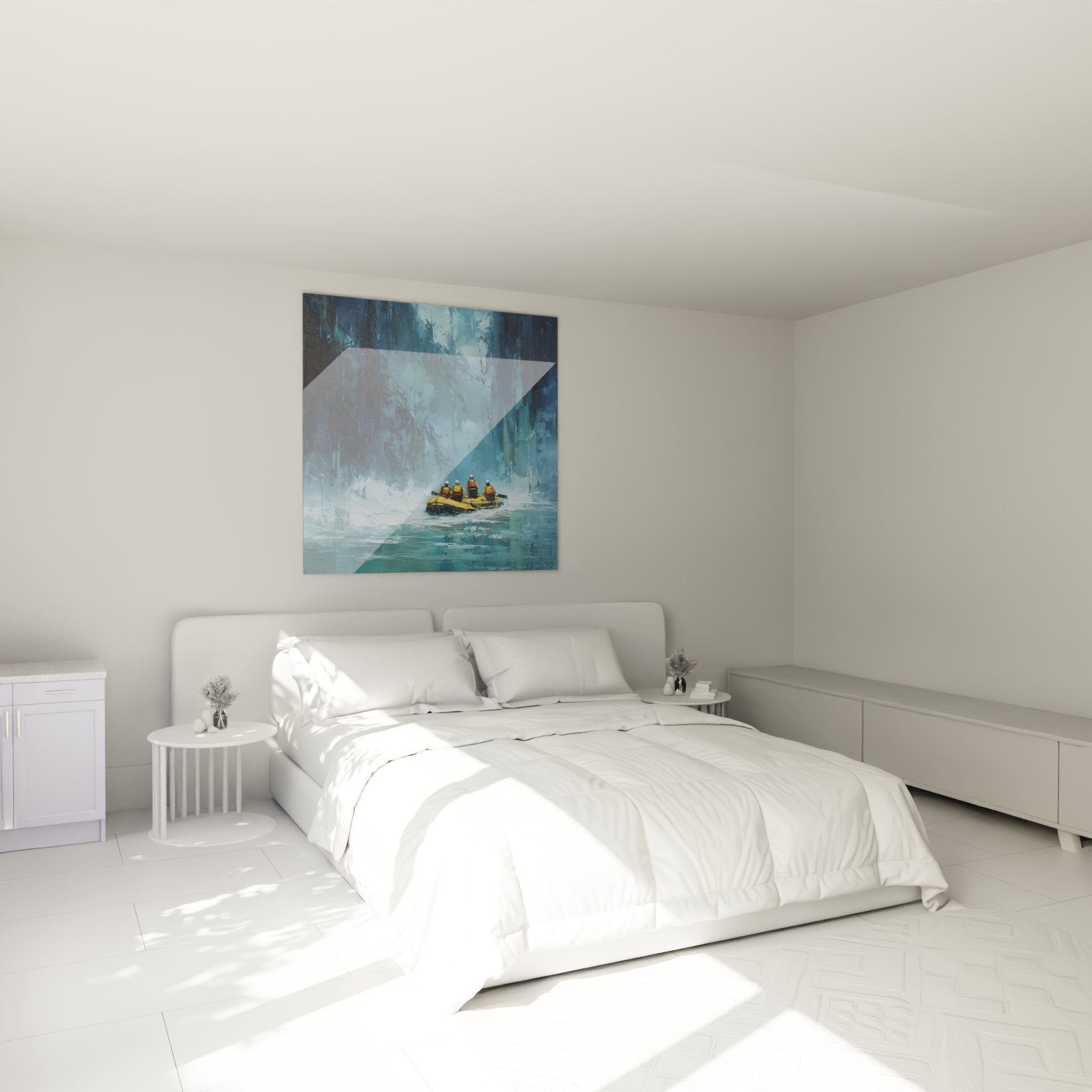 Wanddekoration Rafting Canyon im modernen Schlafzimmer, Abenteuerbild in Blautönen mit ausgerüsteten Raftfahrern