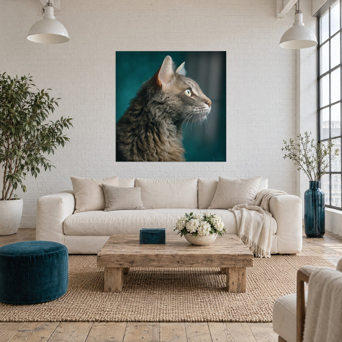 Gemälde LaPerm-Katze im Profil mit grau-braunem gelocktem Fell vor entenblauem Hintergrund, über einem Sofa in einem hellen Wohnzimmer