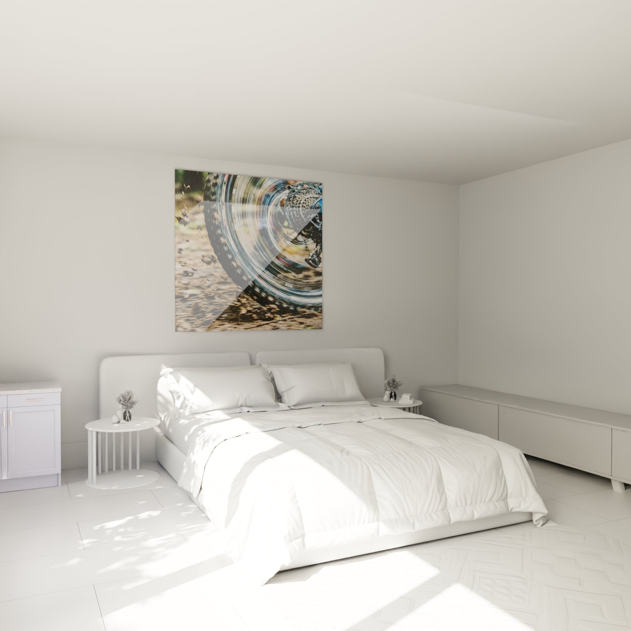 Decoration murale VTT roue en mouvement dans chambre moderne style cyclisme