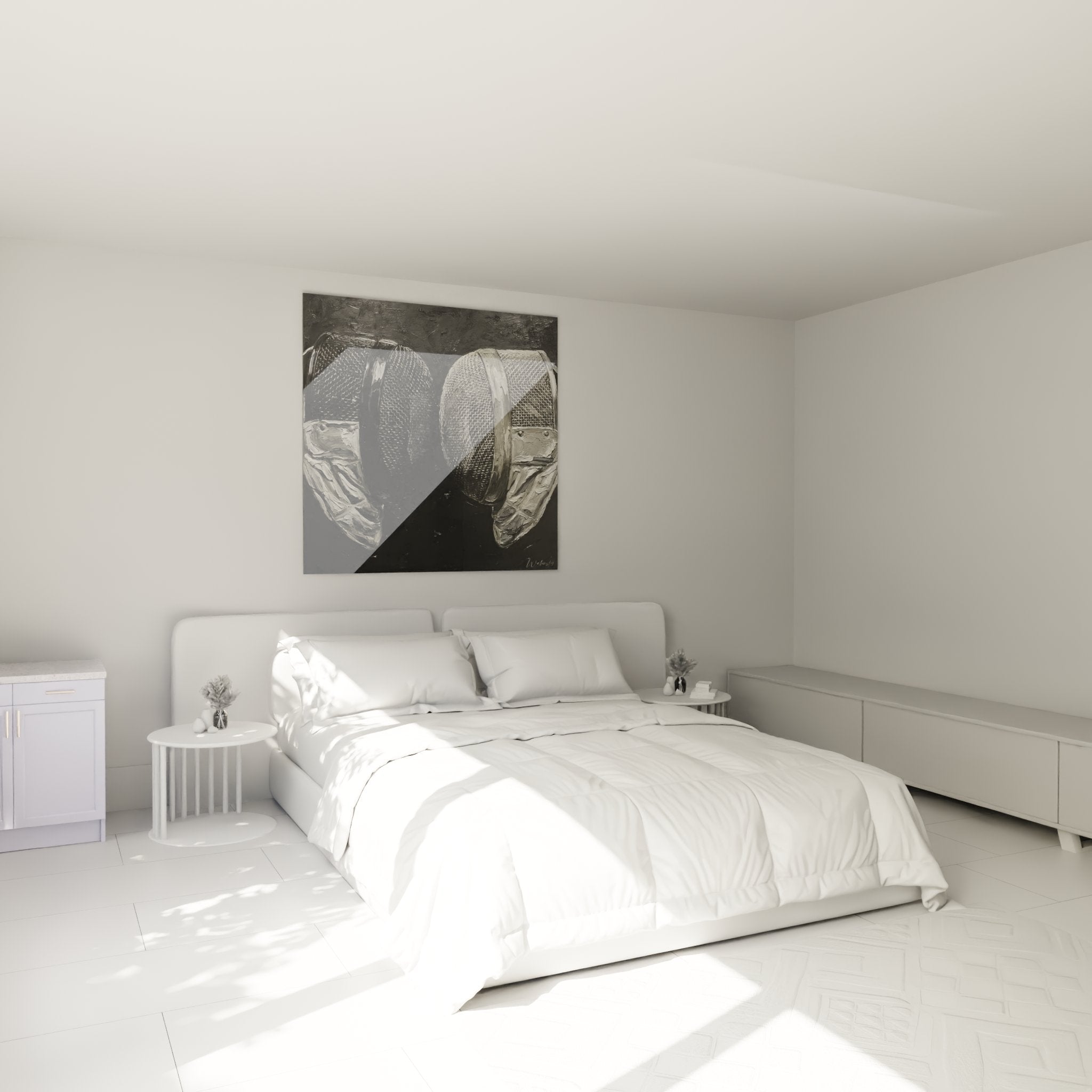 Decorazione murale maschere scherma in camera moderna stile contemporaneo bianco e nero