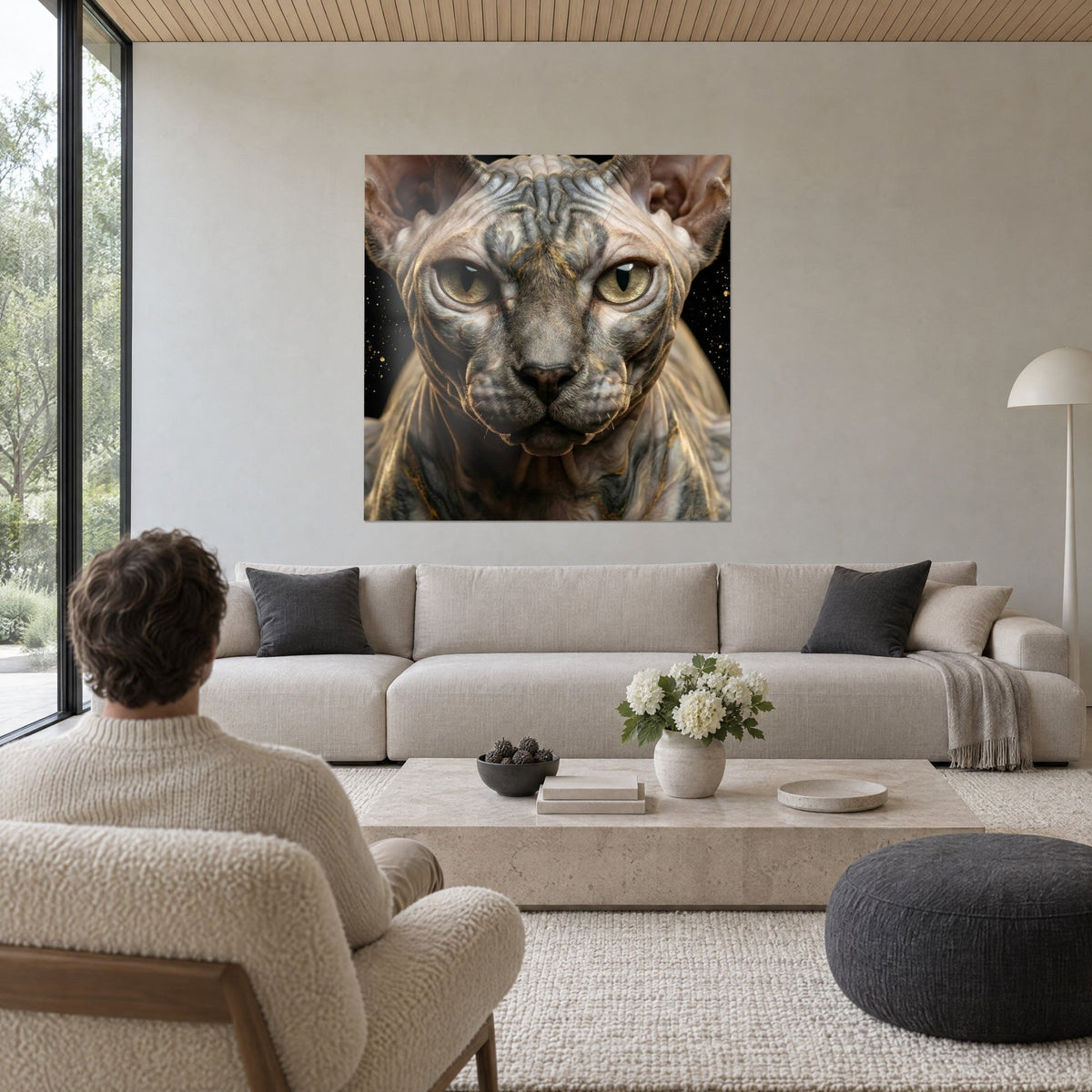 Schilderij sphynx-kat met goudkleurige spleetogen, grijze huid gemarmerd met goud op zwarte achtergrond, boven een bank in een lichte woonkamer