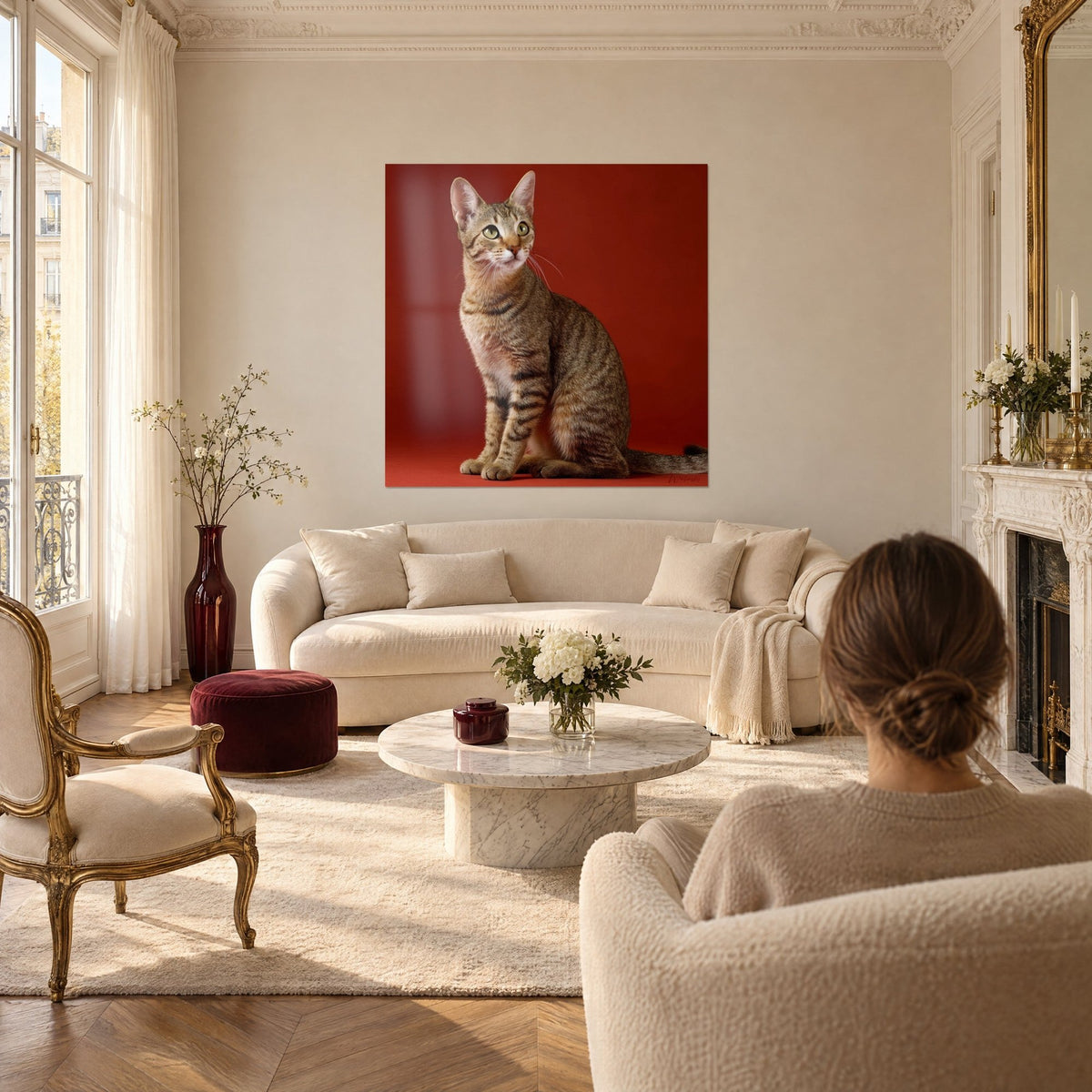 Gemälde Sokoke-Katze sitzend mit braunem getigertem Fell, ziegelroter Hintergrund, grüne Augen; eine Frau von hinten, über einem Sofa in einem hellen Wohnzimmer