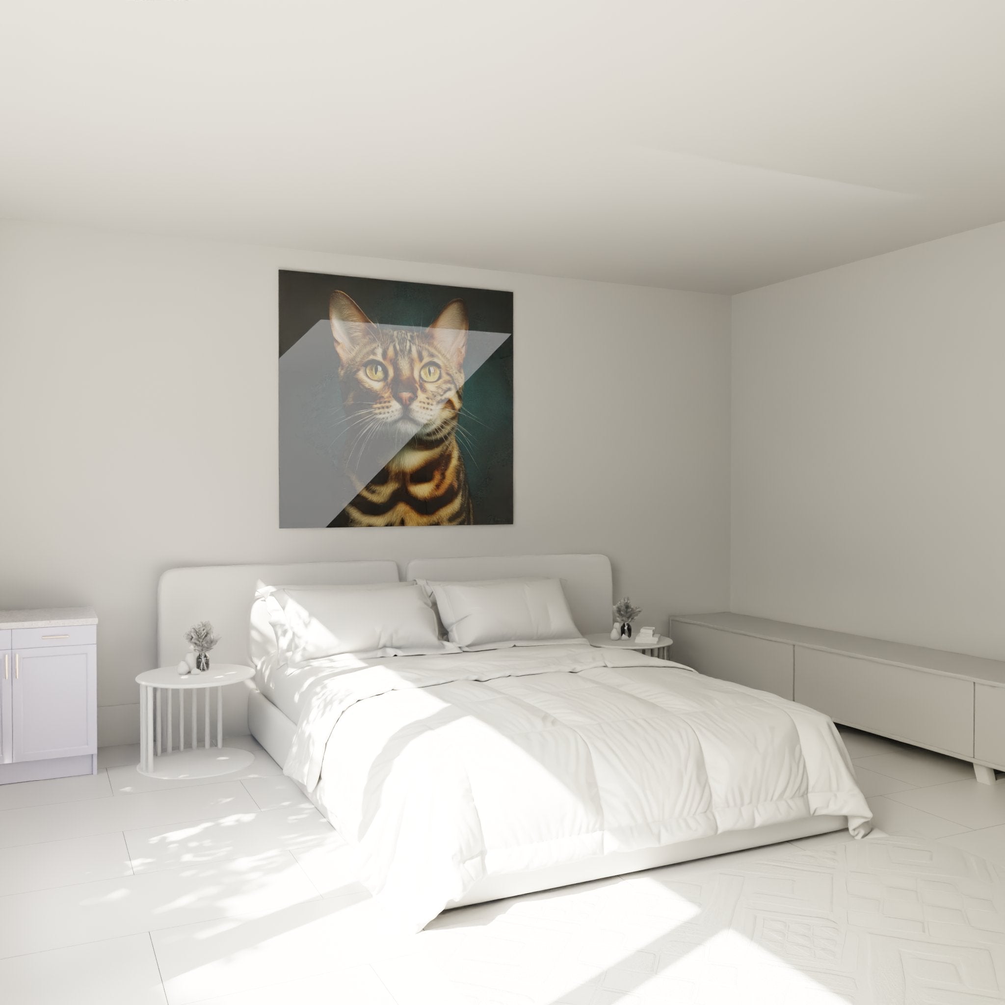 Tableau chat Bengal hyperréaliste accroché dans chambre moderne, décoration murale féline élégante