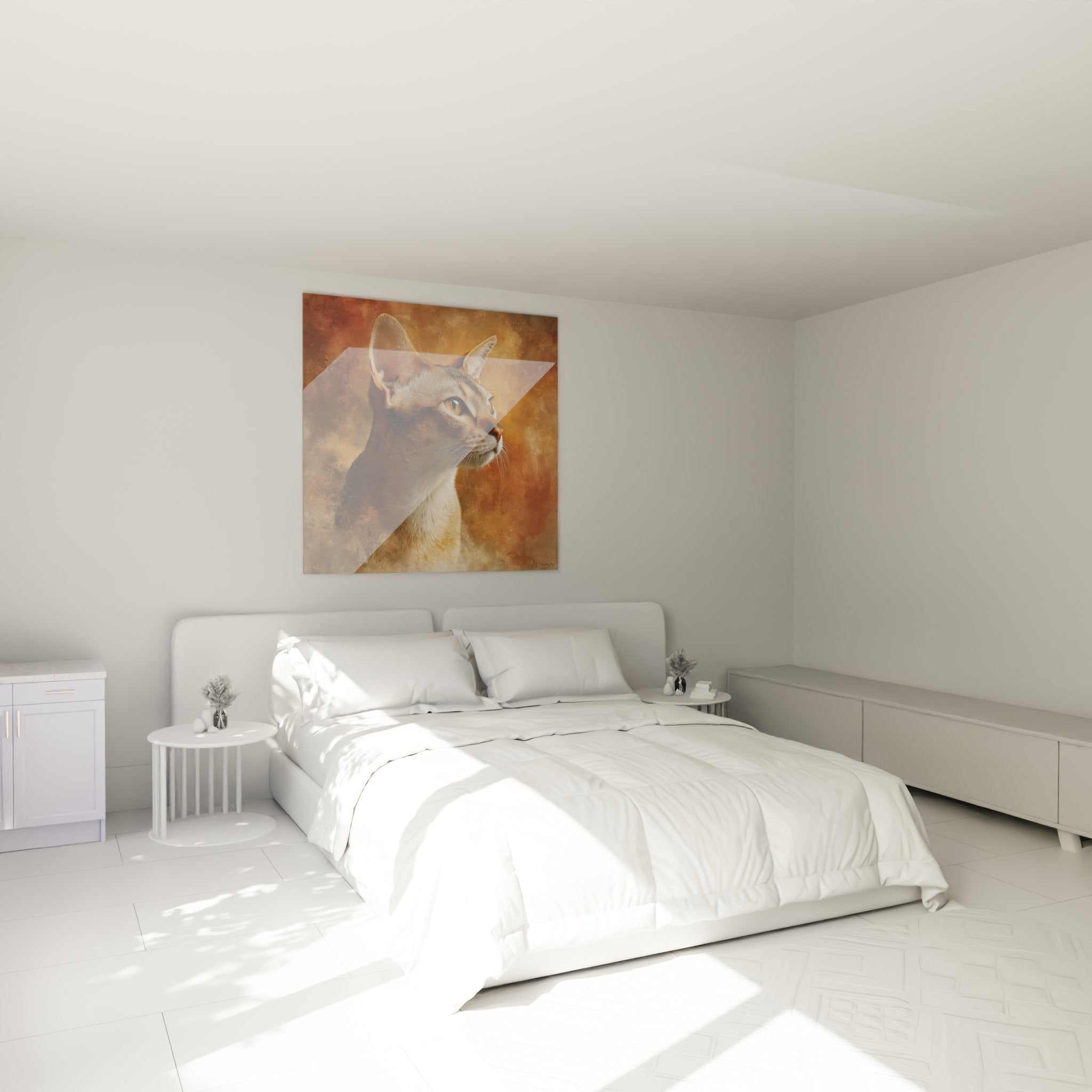 Tableau chat Singapura portrait doré installé dans chambre moderne, décoration murale féline élégante