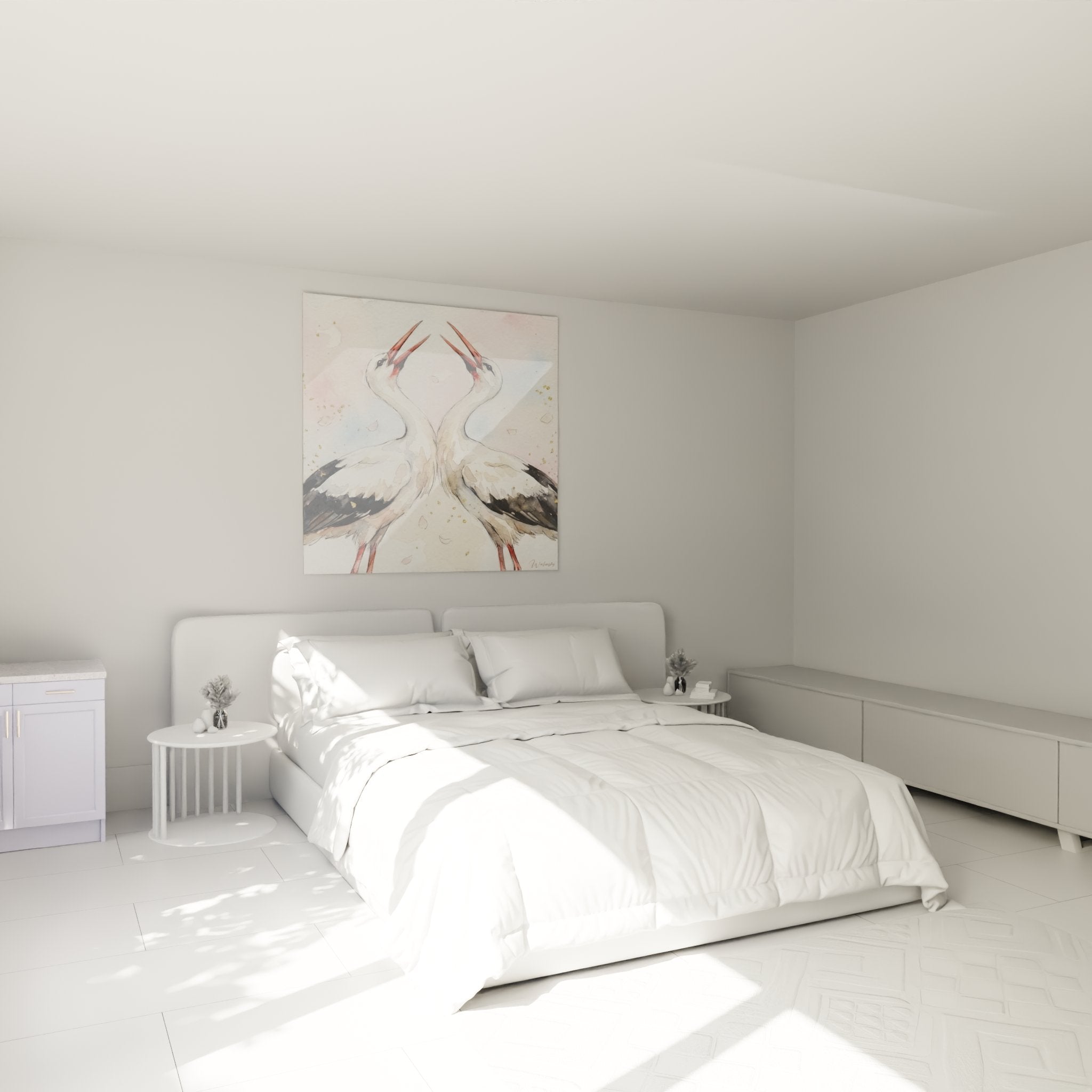 Decoration murale tableau cigognes aquarelle dans chambre moderne ambiance douce et elegante