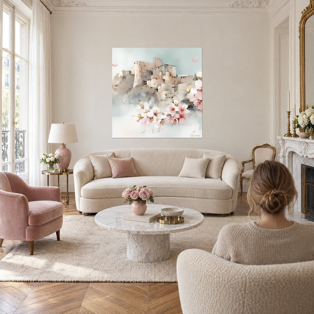 Wall art hilltop village in beige and pink watercolour, flowering almond branches, above a sofa in a bright living room