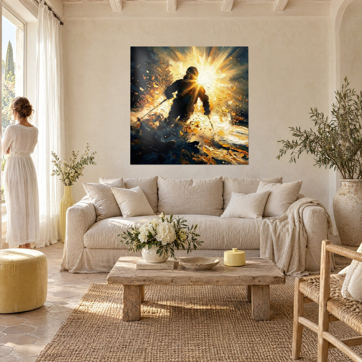 Gemälde eines Skifahrers als schwarze Silhouette, der aus einem weiß-goldenen Sonnenstrahl hervorschießt, zwei Personen von hinten, über einem Sofa in einem hellen Wohnzimmer