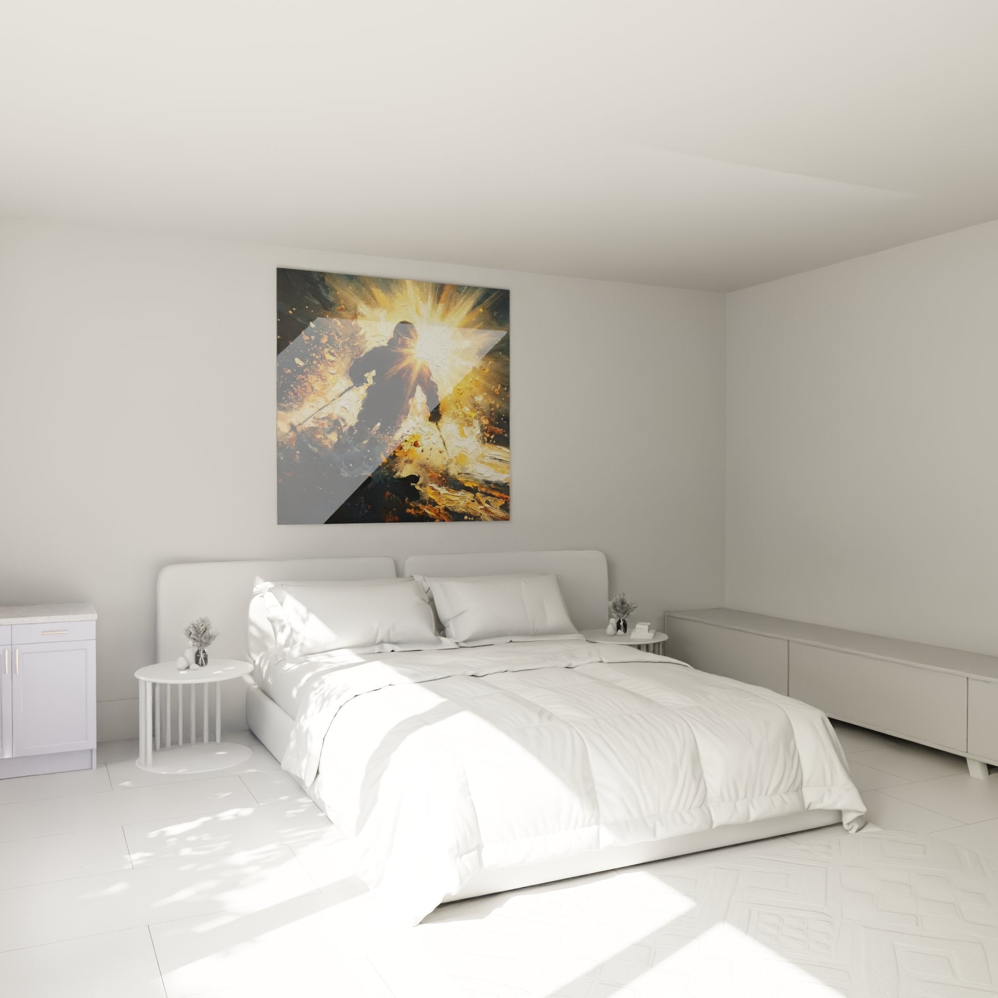 Décoration murale ski dans chambre moderne avec tableau skieur explosion lumière dorée sur mur