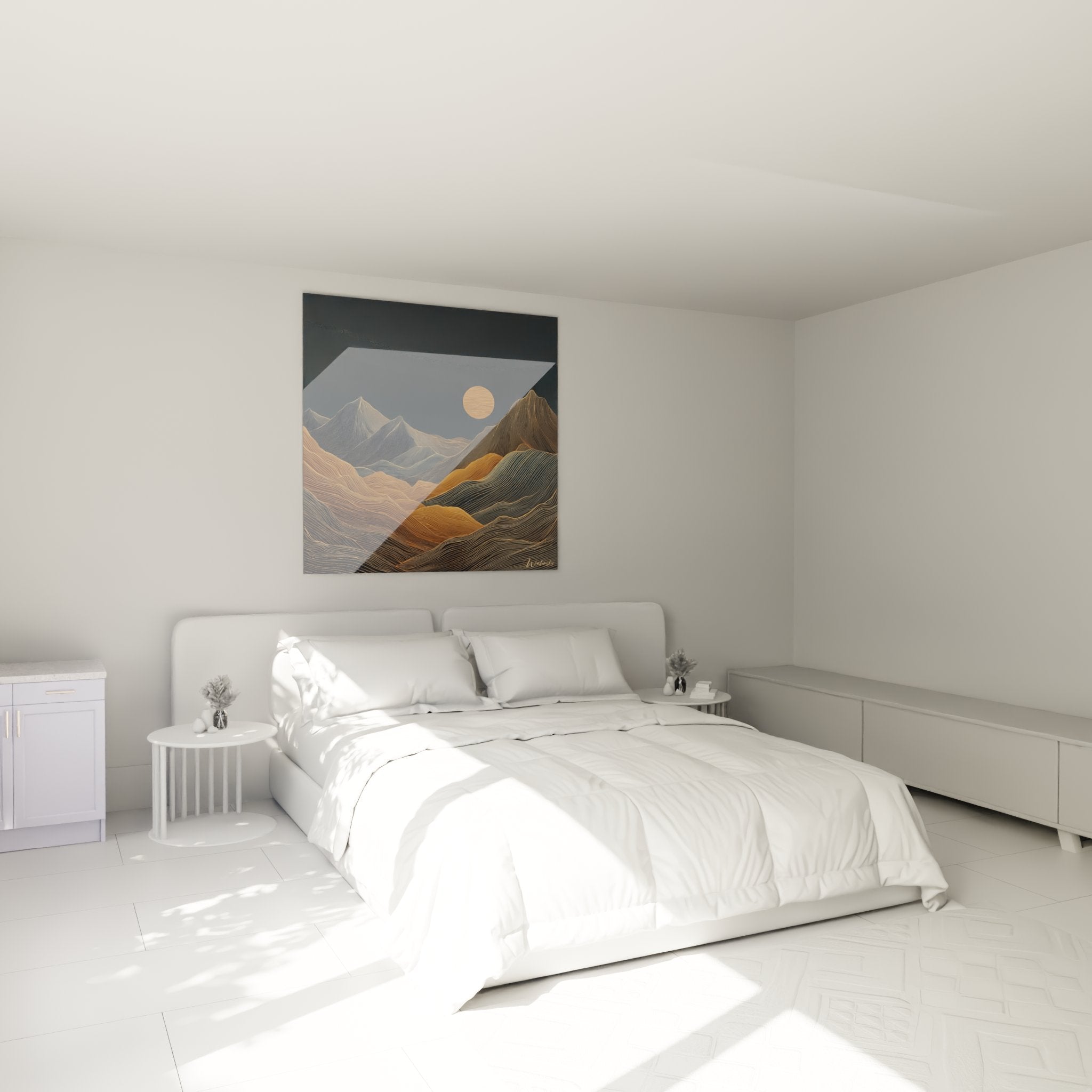 Art-Deco-Gemälde mit goldenen Bergen, aufgehängt in einem modernen Schlafzimmer mit eleganter zeitgenössischer Dekoration