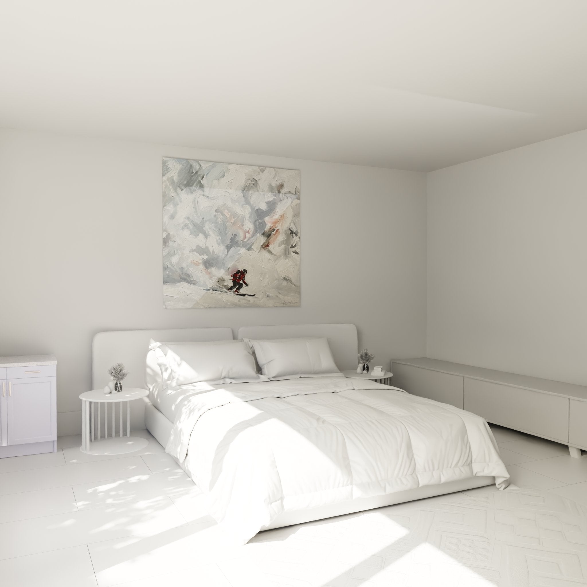 Tableau skieur tempête décorant chambre, ambiance cosy montagne avec art mural ski