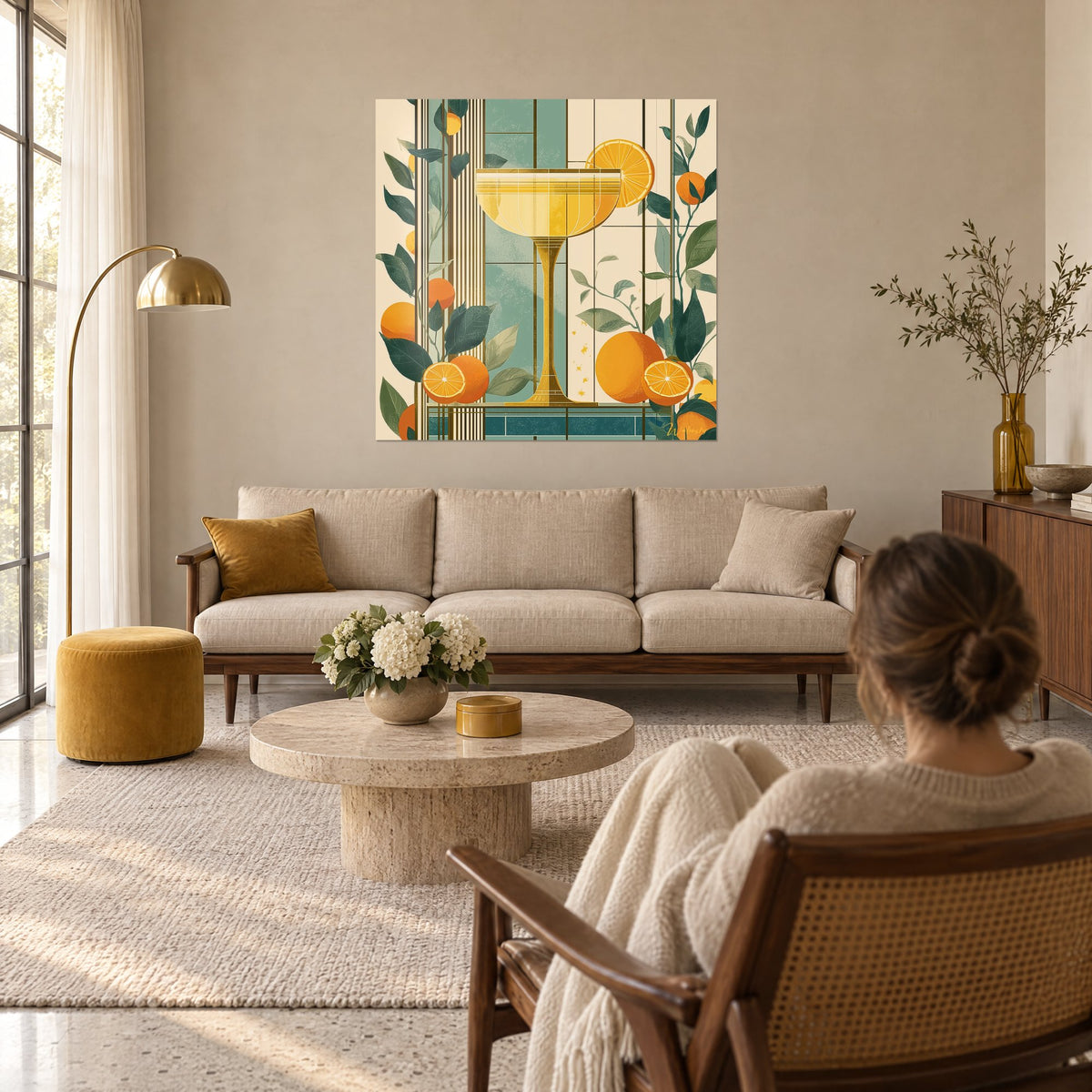 Gemälde mit goldener Cocktailschale, umgeben von Orangen und tannengrünem Laub, über einem Sofa in einem hellen Wohnzimmer