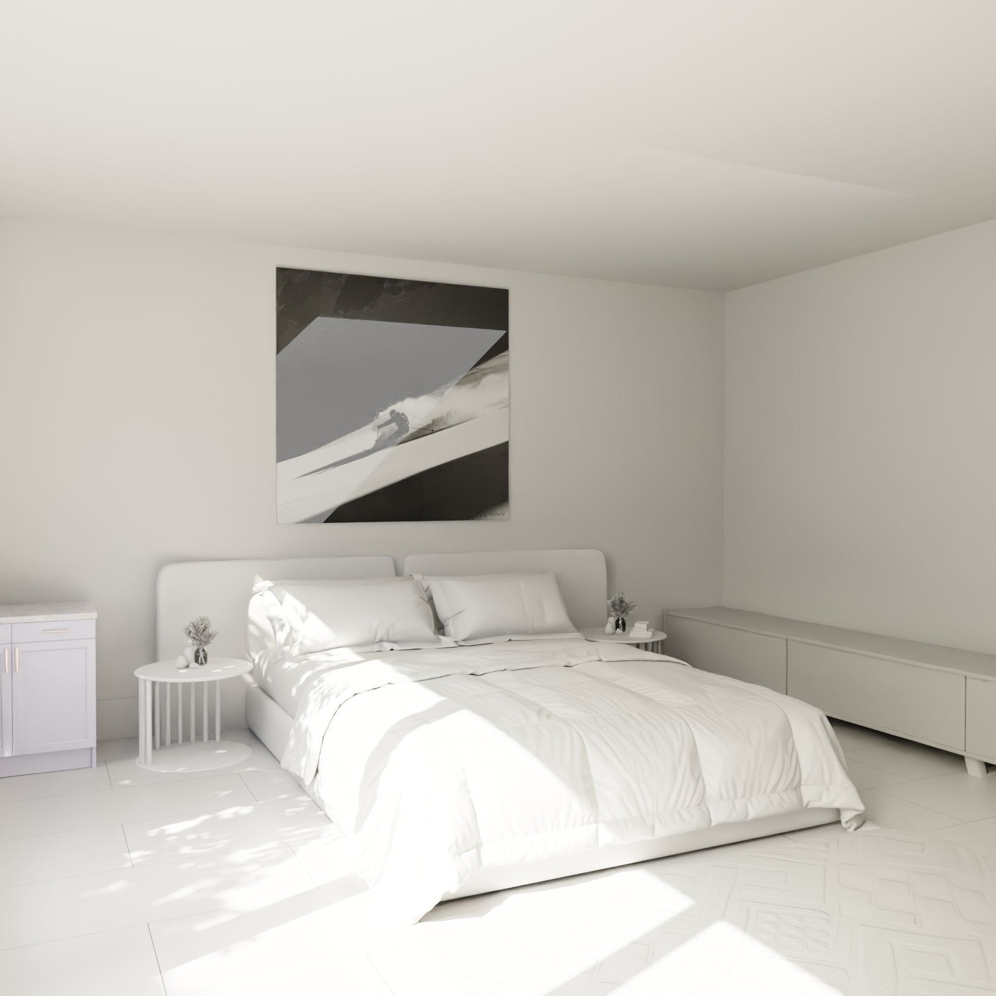 Décoration murale chambre avec tableau skieur poudreuse noir et blanc style contemporain