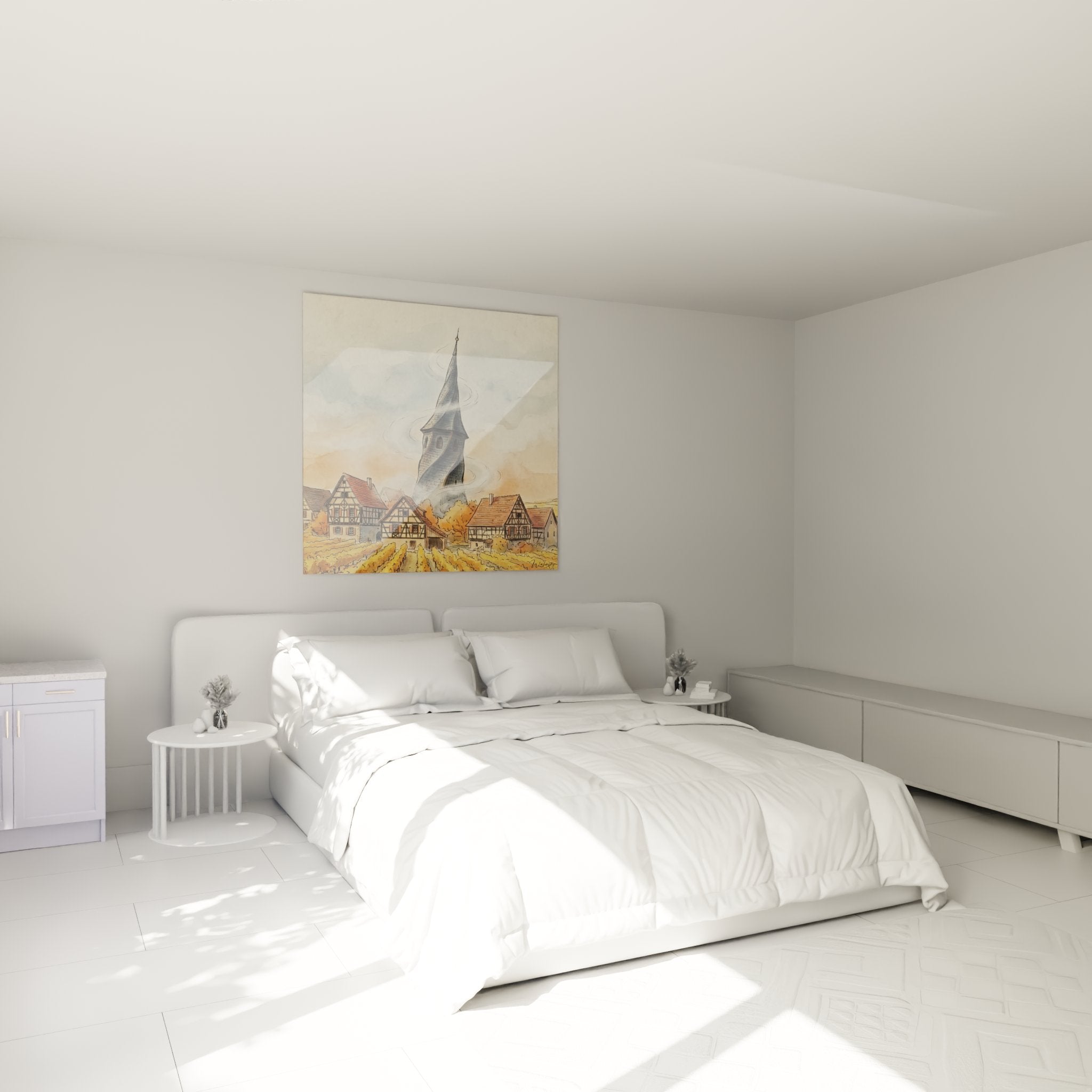 Decorazione murale camera quadro villaggio alsaziano campanile storto atmosfera magica accogliente