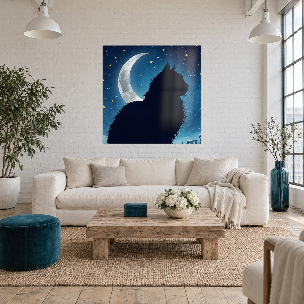 Gemälde Katzenprofil in schwarzem Schatten vor silbernem Halbmond, nachtblauer Sternenhimmel, über einem Sofa in einem hellen Wohnzimmer