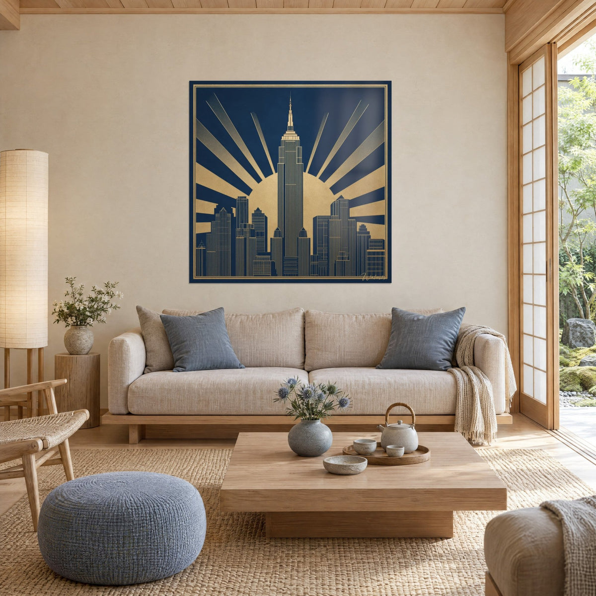 Tableau gratte-ciel doré au sommet effilé, rayons ocre sur fond bleu nuit, au-dessus d'un canapé dans un salon lumineux