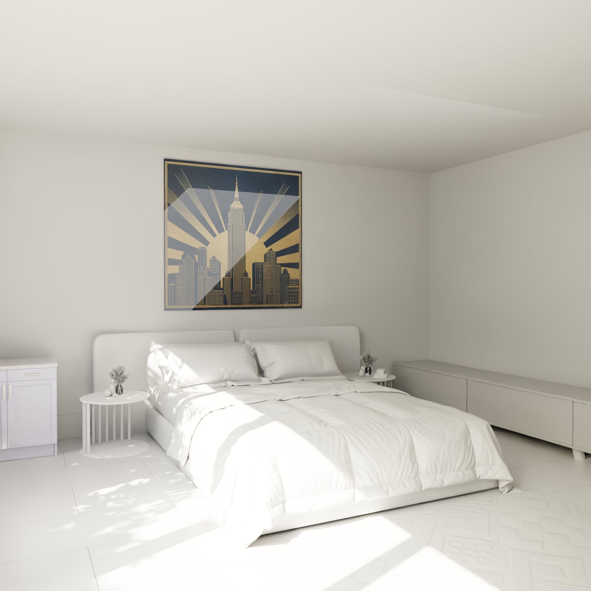 Tableau art deco Empire State Building accroche dans une chambre moderne avec rayons dores decoratifs