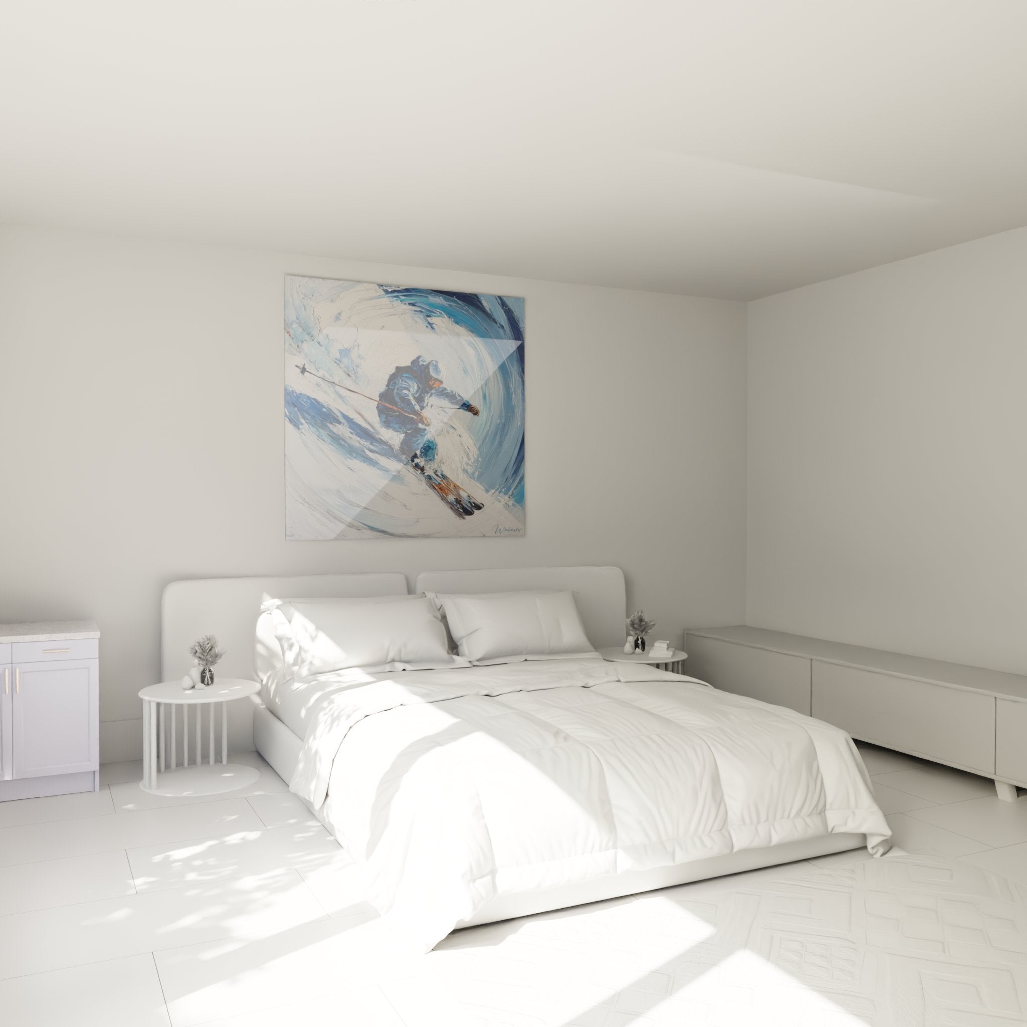 Décoration murale ski dans chambre moderne avec tableau skieur en mouvement sur mur blanc