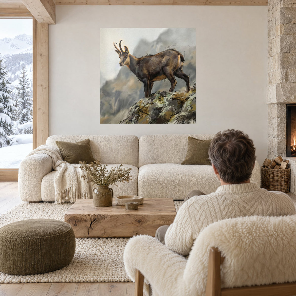 Wall art of a brown chamois with dark fur standing on a moss-covered grey and ochre rock, above a sofa in a bright living room