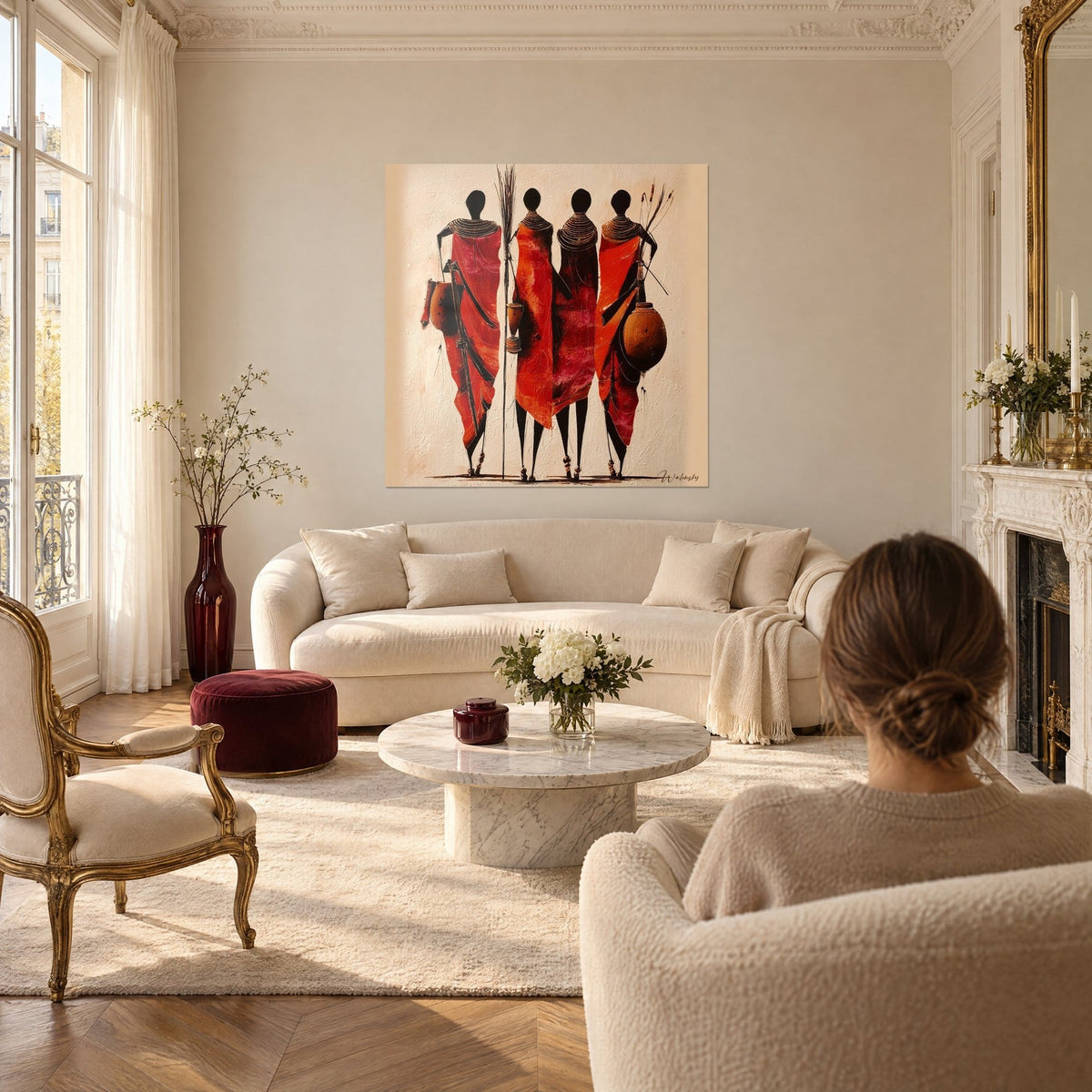 Gemälde vier Maasai-Silhouetten in zinnoberroten und purpurnen Drapierungen, reifenförmige Halsketten, über einem Sofa in einem hellen Wohnzimmer