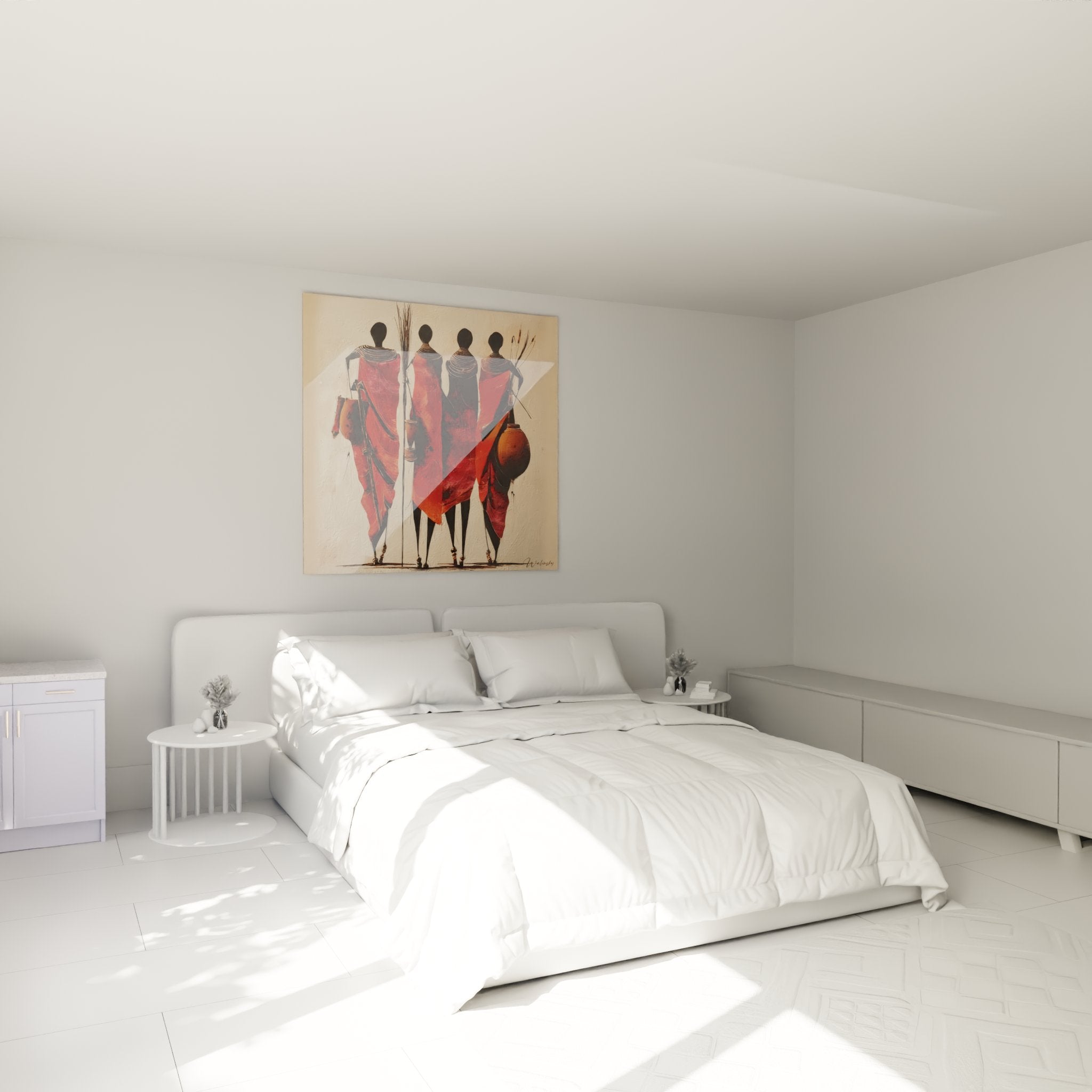 Decorazione murale africana guerrieri Maasai installata in camera moderna stile etnico contemporaneo