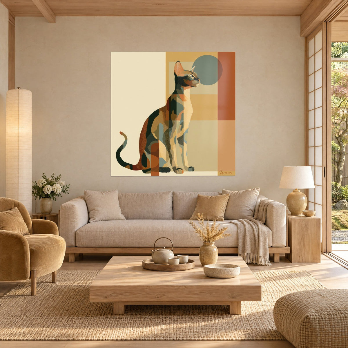 Cuadro de gato sentado de perfil, pelaje ocre, verde cardenillo y marrón rojizo, disco gris verdoso, encima de un sofá en un salón luminoso