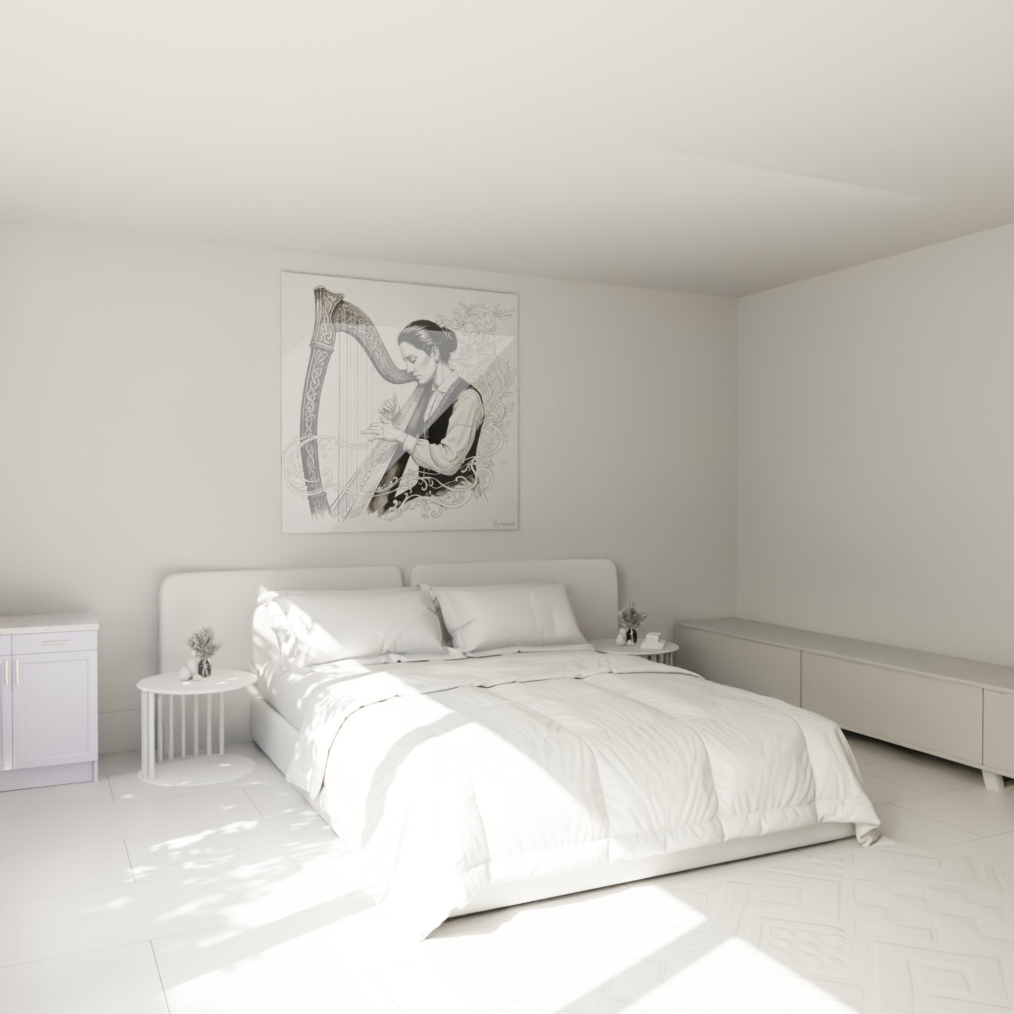 Decorazione murale arpista bretone in camera moderna stile scandinavo quadro arte celtica Bretagna