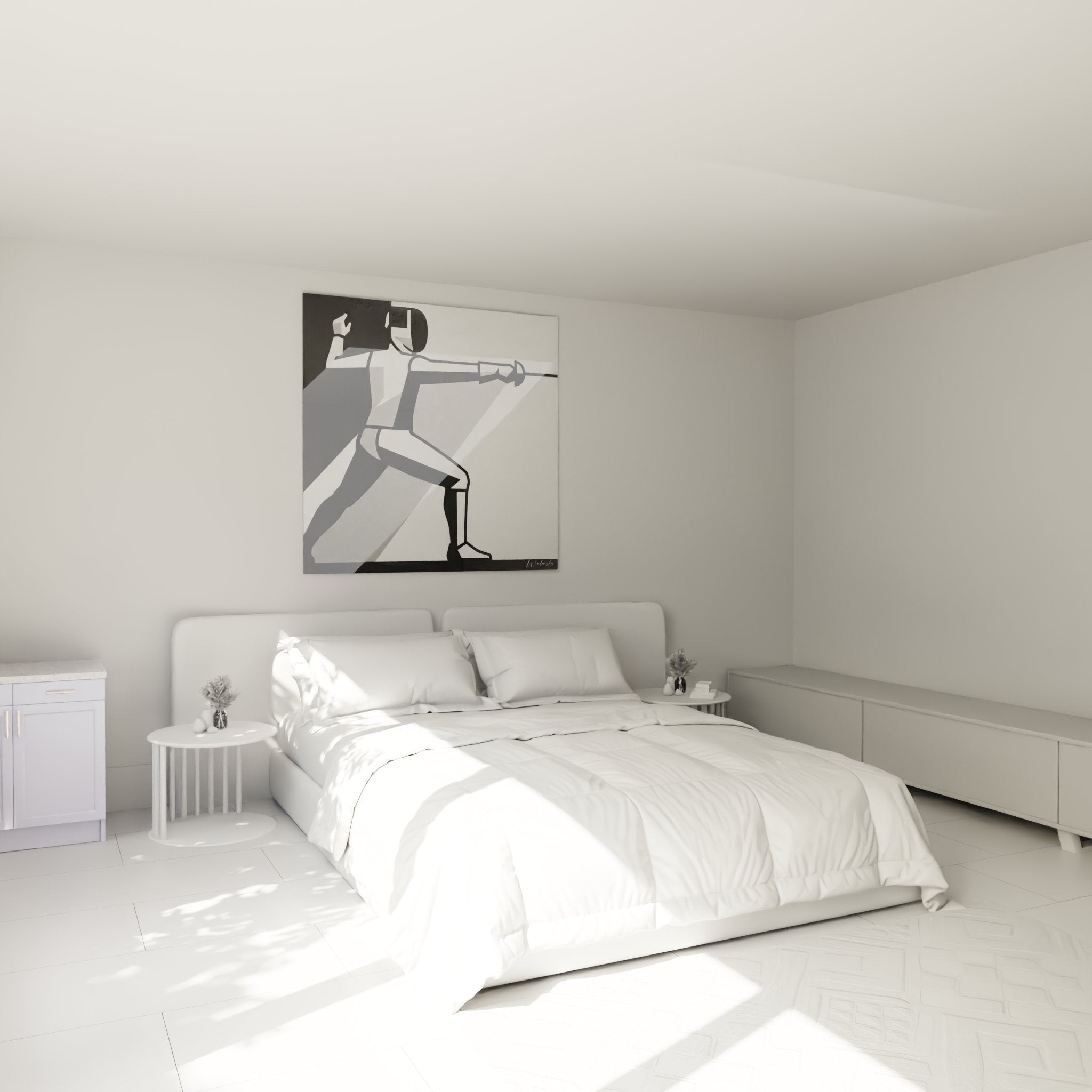 Quadro schermitore moderno in camera contemporanea, decorazione murale sport elegante bianco e nero