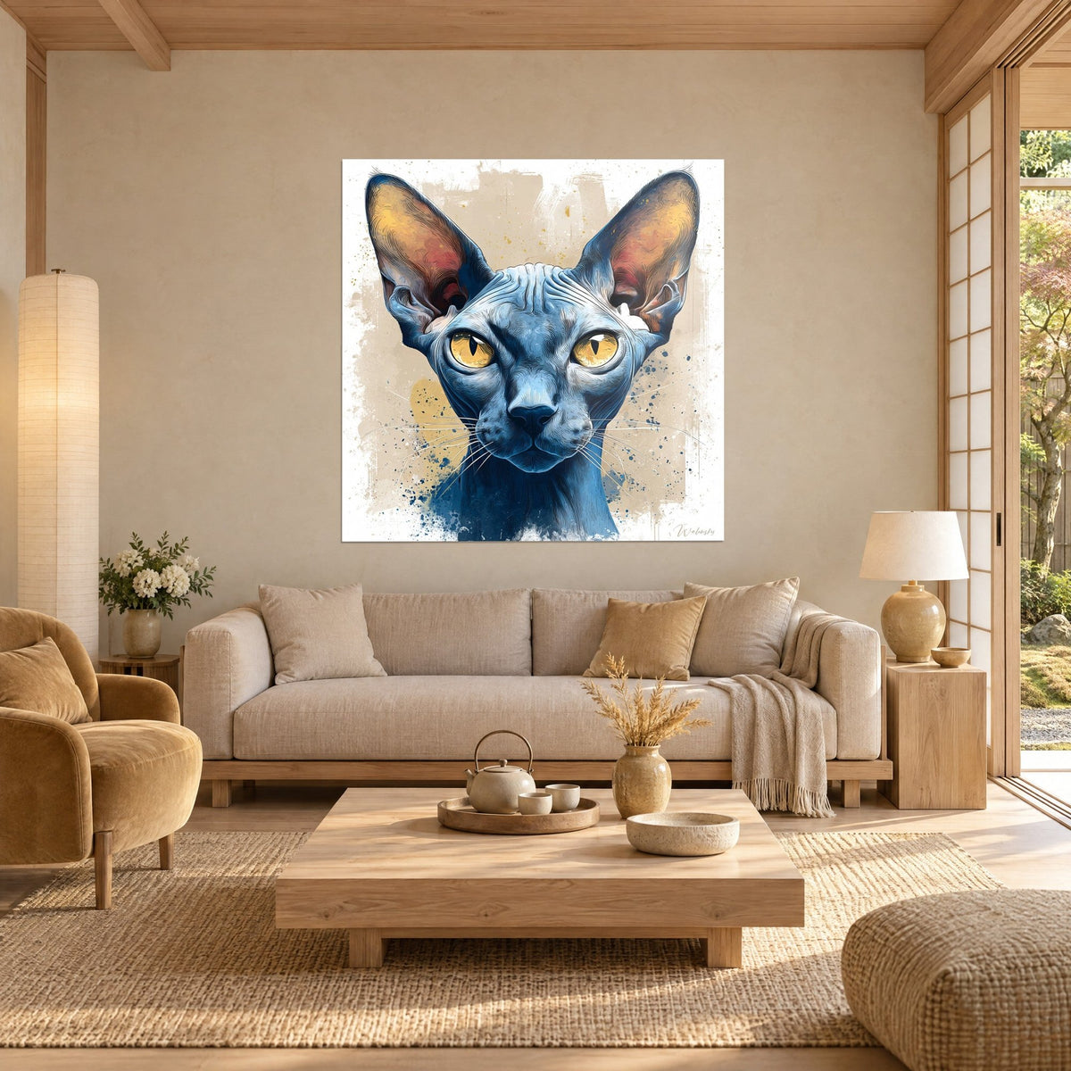 Schilderij van een sphynx-kat met gouden ogen, staalblauwe huid en grote okerkleurige oren, boven een bank in een lichte woonkamer