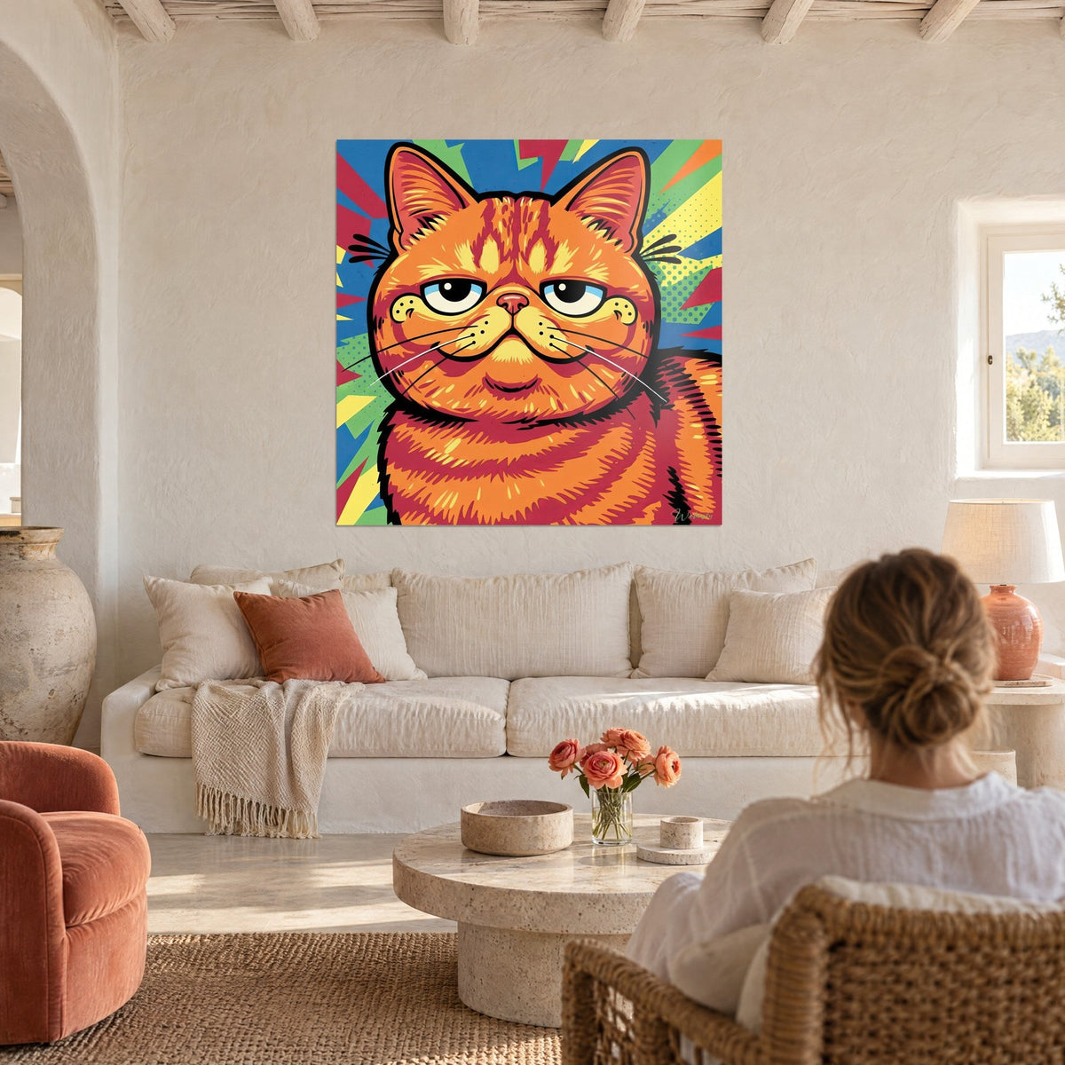 Gemälde Pop-Art-Katze in Rot mit halb geschlossenen Augen, blaue und gelbe Lichtakzente, über einem Sofa in einem hellen Wohnzimmer