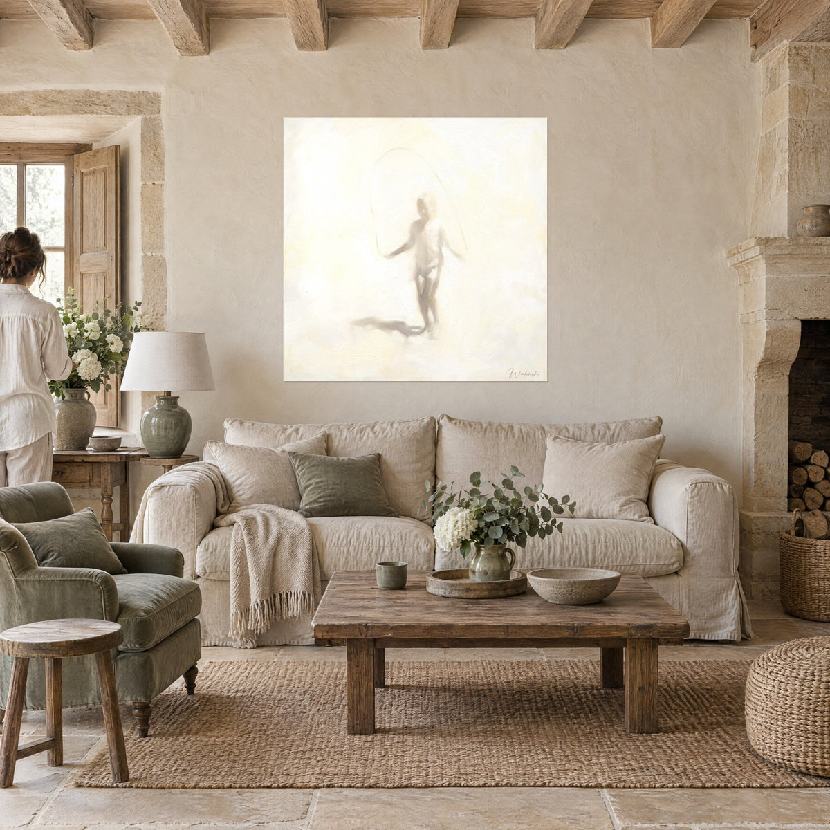 Tableau silhouette d'enfant sautant à la corde, blanc crème et beige gris, ombre au sol, au-dessus d'un canapé dans un salon lumineux