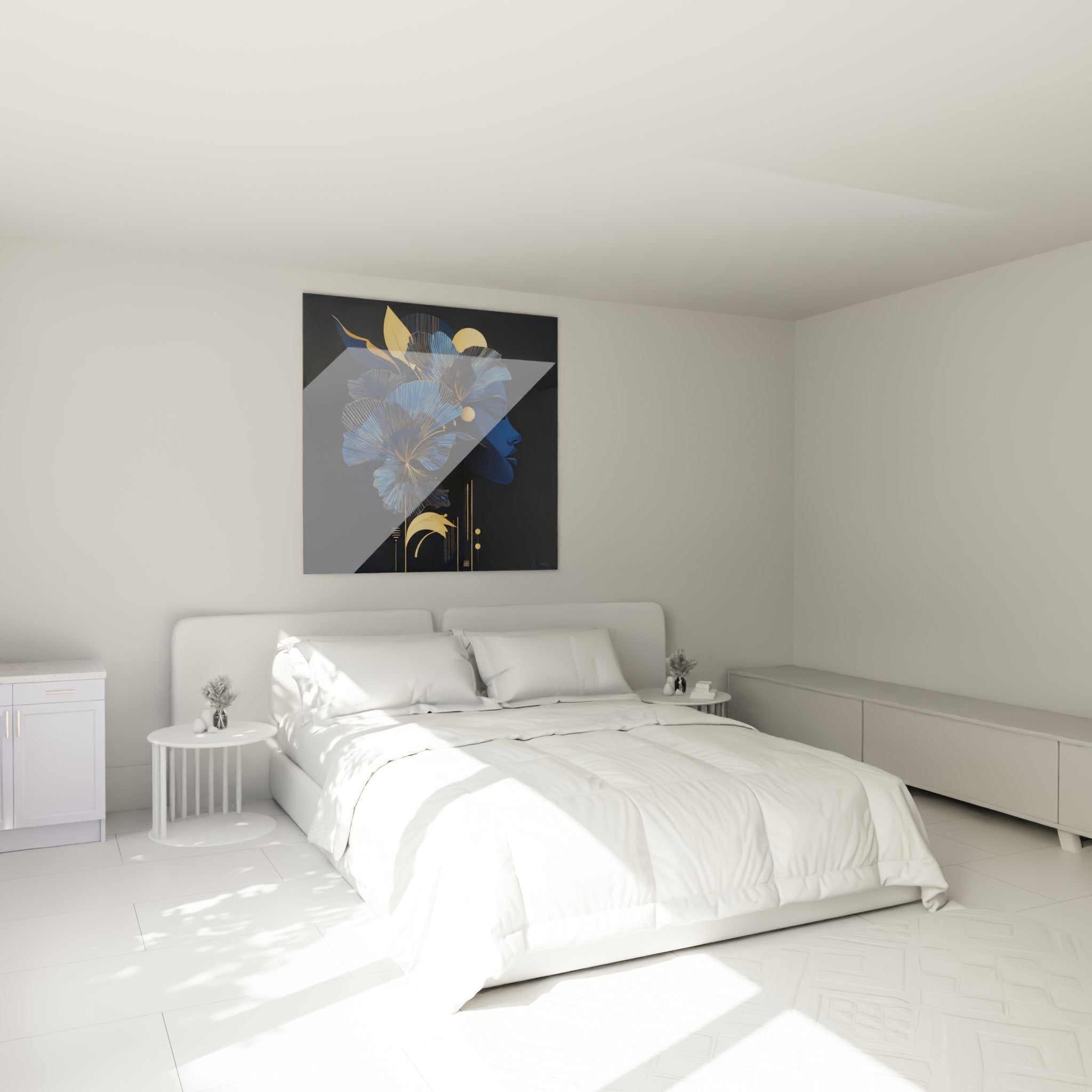 Wanddeko Schlafzimmer Bild Frau Art Deco Blau Gold elegante sophisticated Atmosphäre