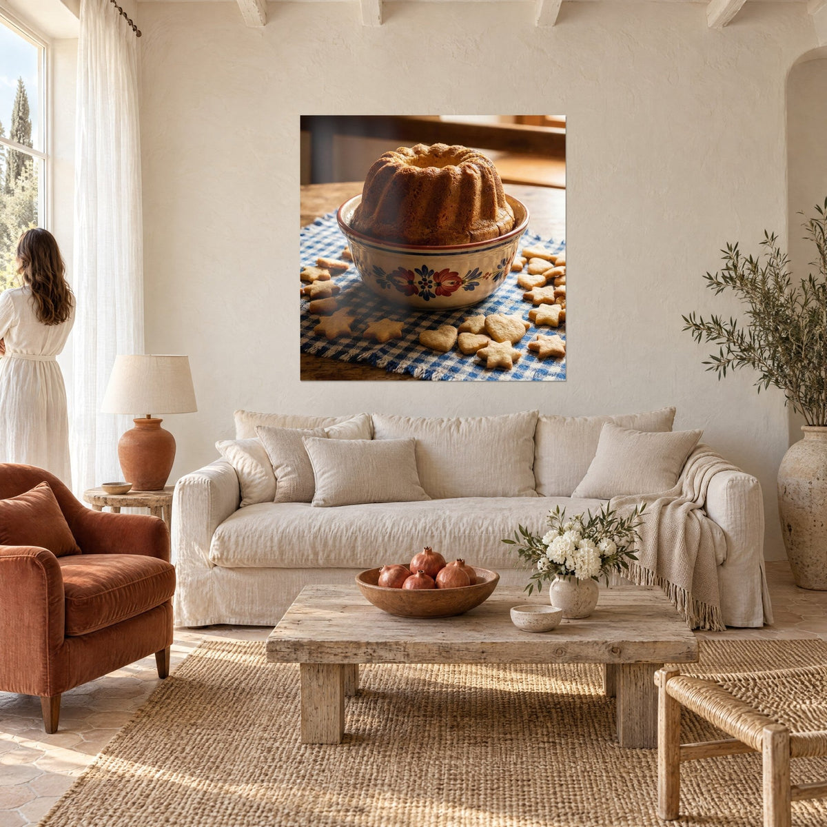 Gemälde mit goldenem Kougelhopf in einer rot-blau bemalten Schüssel auf karierter Tischdecke, über einem Sofa in einem hellen Wohnzimmer