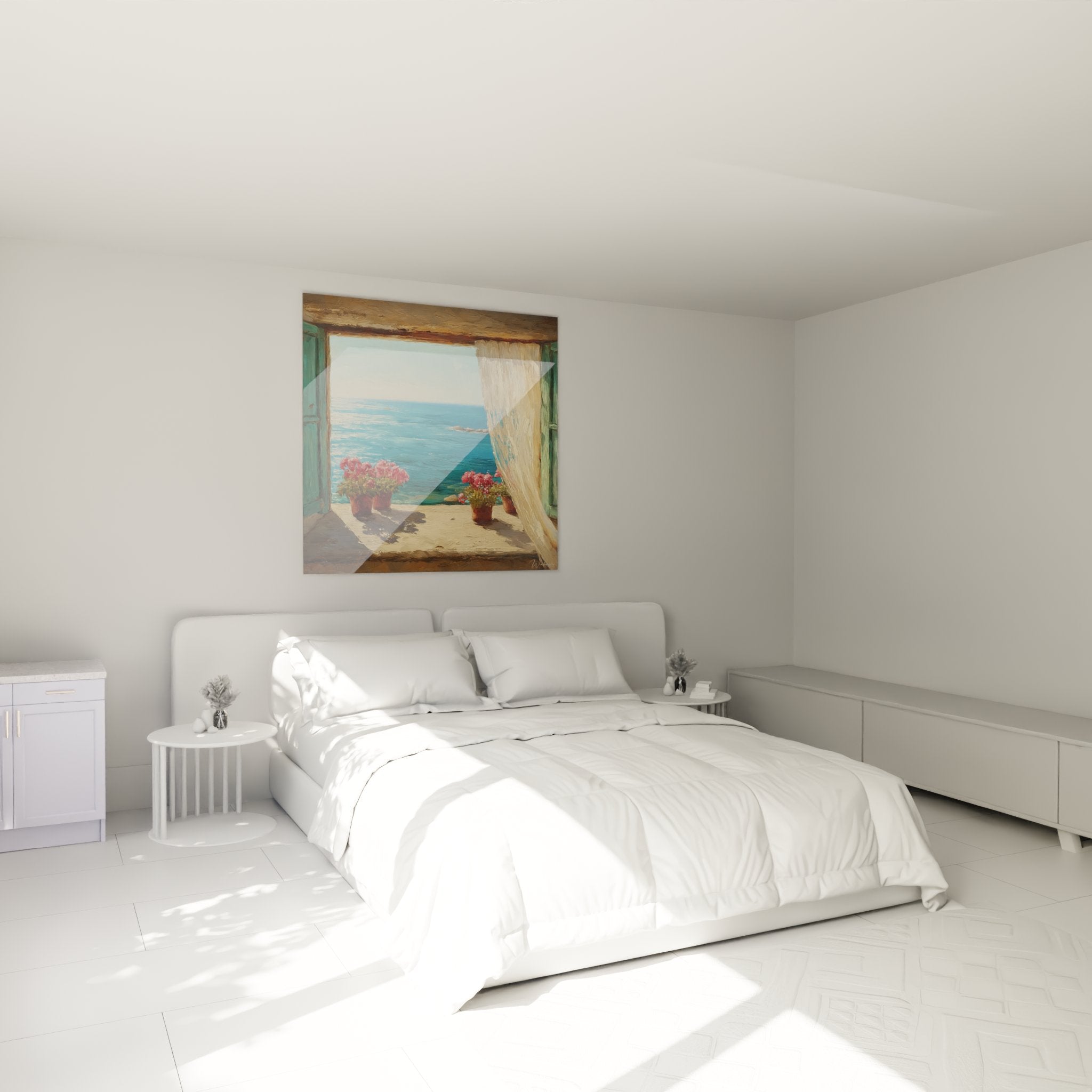 Tableau terrasse méditerranéenne dans chambre moderne, décoration murale fenêtre sur mer avec géraniums