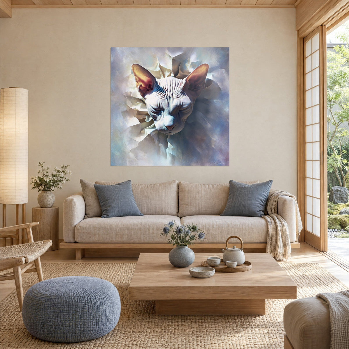 Tableau chat sphynx aux grandes oreilles ambrées, peau plissée blanche sur fond bleu-gris, au-dessus d'un canapé dans un salon lumineux