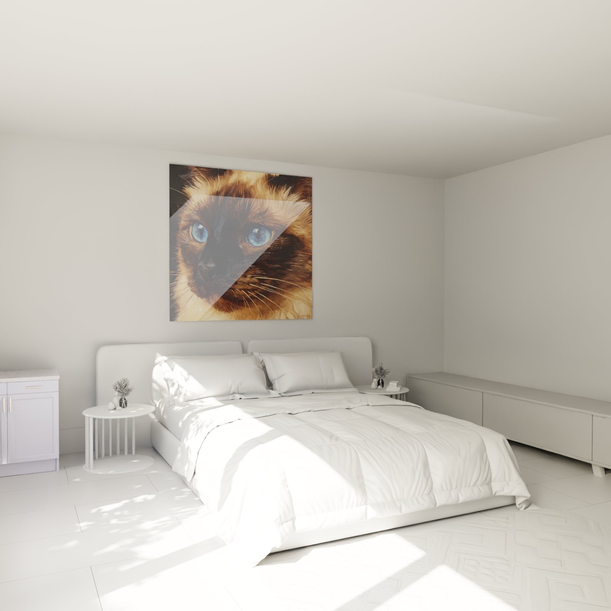 Tableau chat Balinais yeux bleus dans chambre moderne, décoration murale élégante, art félin sophistiqué