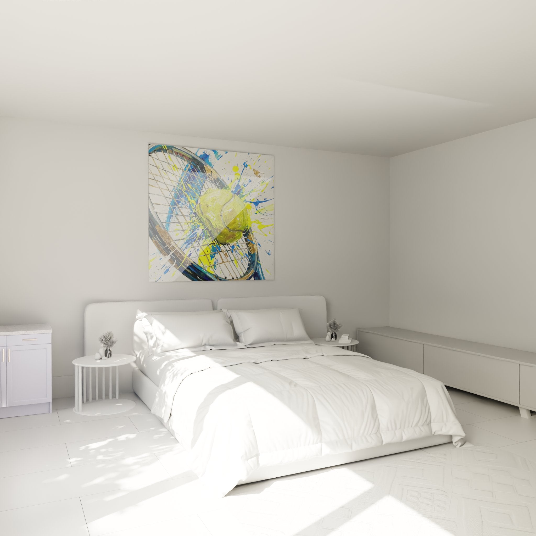 Decoration murale tennis moderne dans chambre contemporaine avec tableau abstrait aux couleurs vives