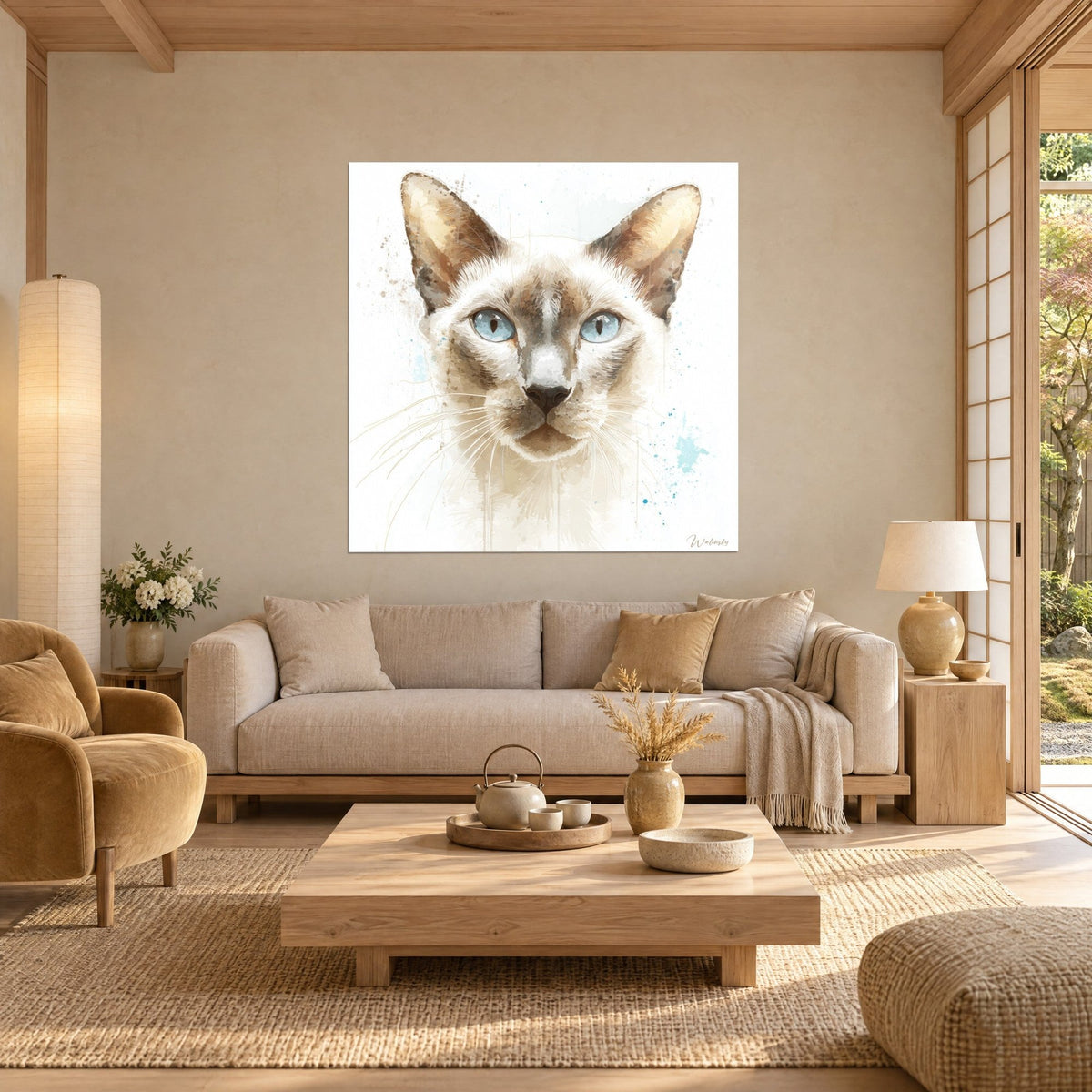 Quadro di gatto tonkinese ad acquerello, occhi blu ghiacciaio e muso color crema, schizzi turchesi, sopra un divano in un soggiorno luminoso