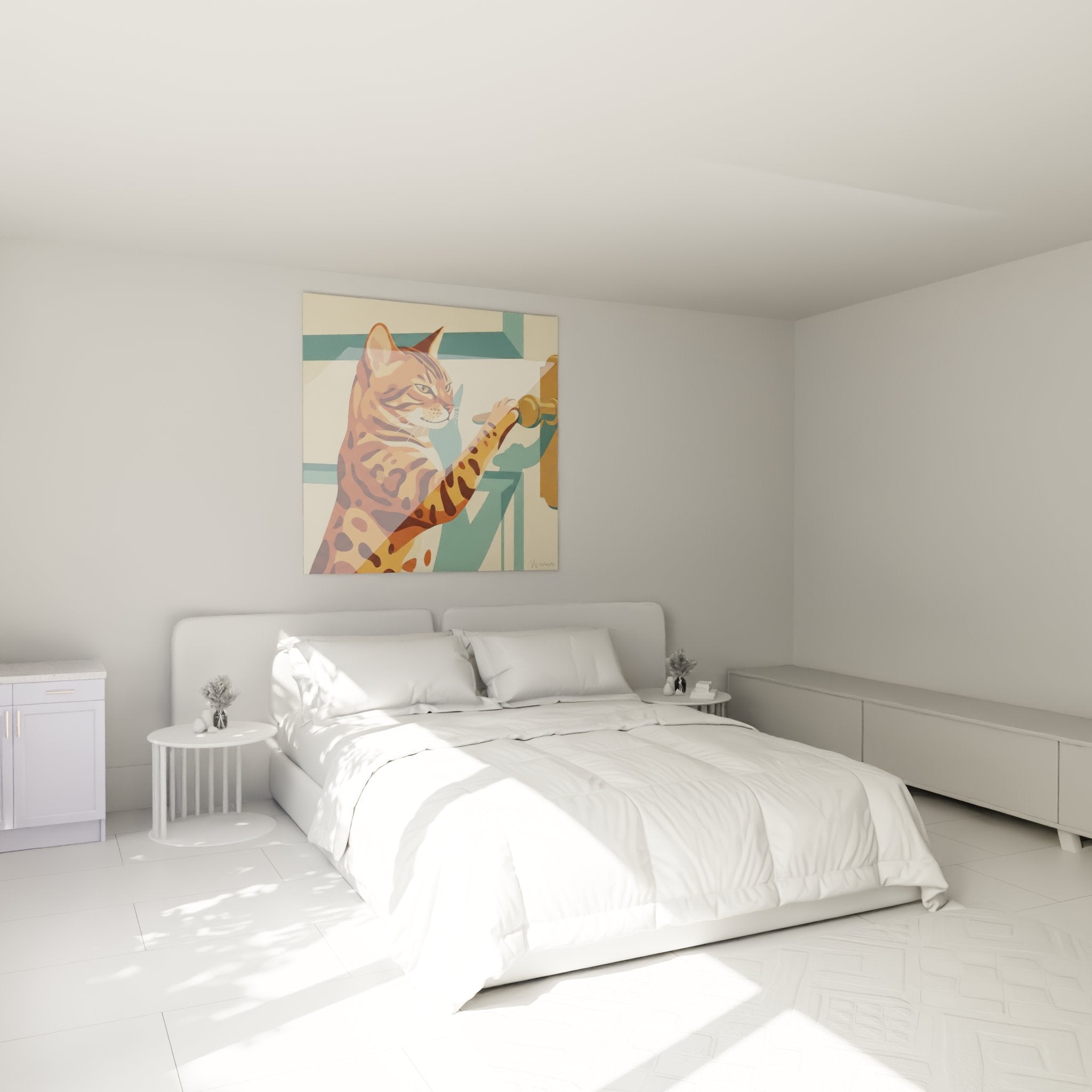 Tableau chat Bengal grimpant décorant élégamment une chambre moderne aux tons neutres