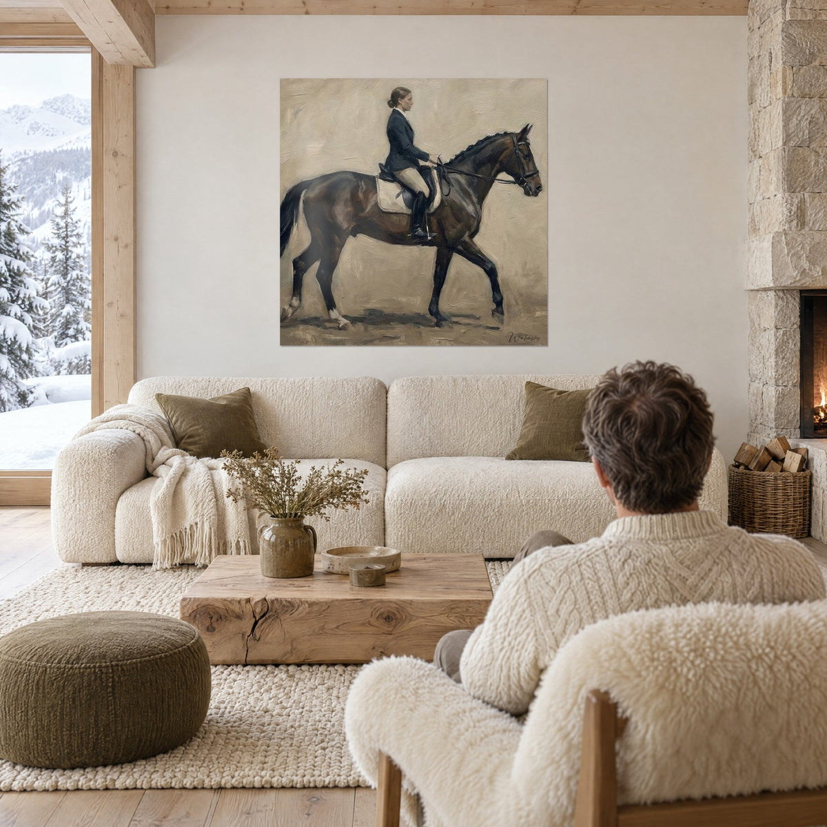 Wall art of a female rider in a navy blue jacket on a chestnut horse, sand beige background, above a sofa in a bright living room