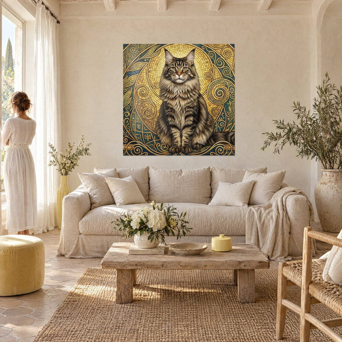 Cuadro de gato atigrado sentado ante un halo de mosaico dorado, espirales doradas y fondo azul verdoso, sobre un sofá en un salón luminoso, Walensky