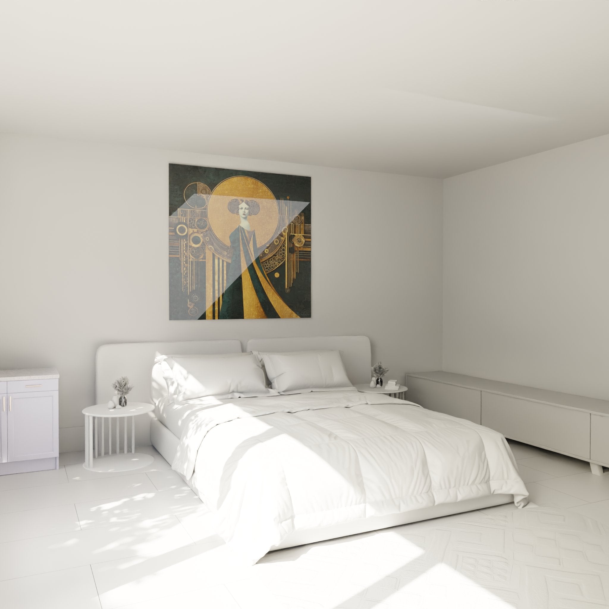 Art-Deco-Gemälde mit vergoldeter Frau dekoriert ein modernes Schlafzimmer mit Eleganz und Raffinesse