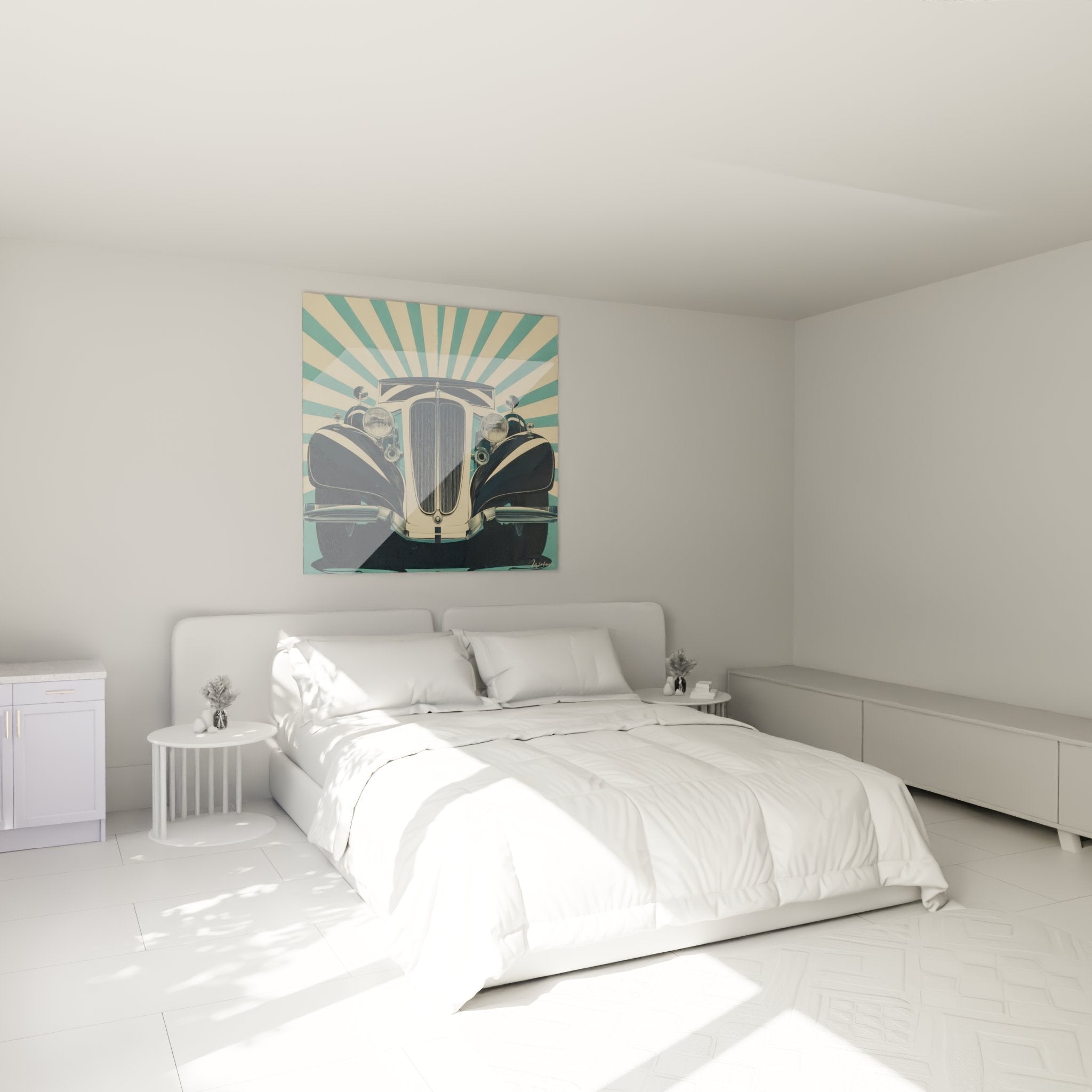 Vintage Automobilkunst Art-Déco Wanddekoration in modernem Schlafzimmer, retro-chic und sophistikierte Atmosphäre